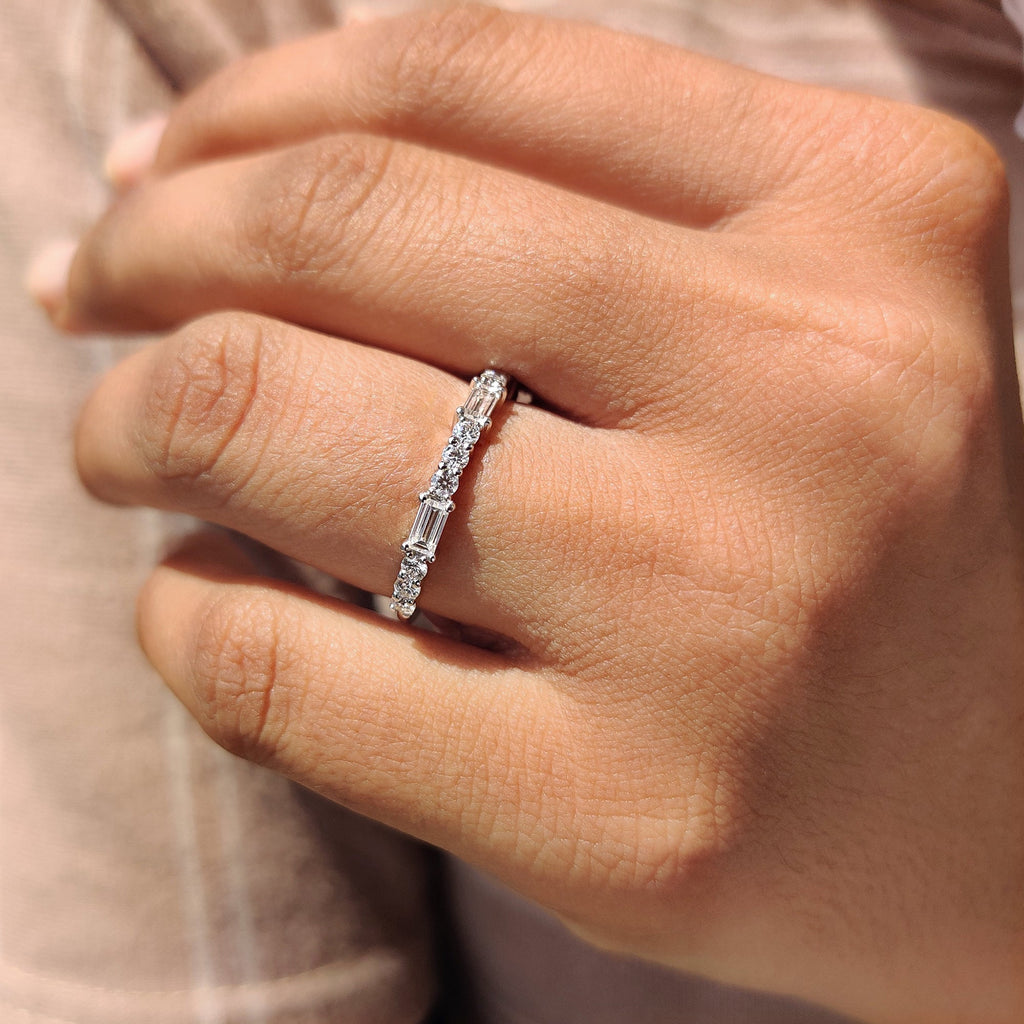 Baguette And Round Moissanite Band with Half Eternity design