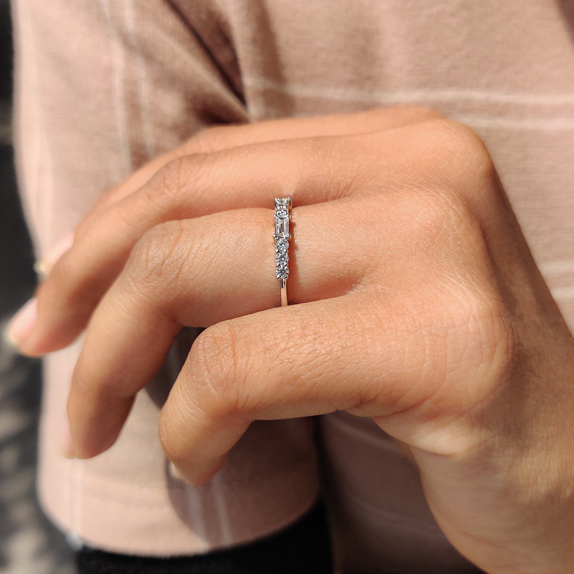 Baguette And Round Moissanite Band with Half Eternity design