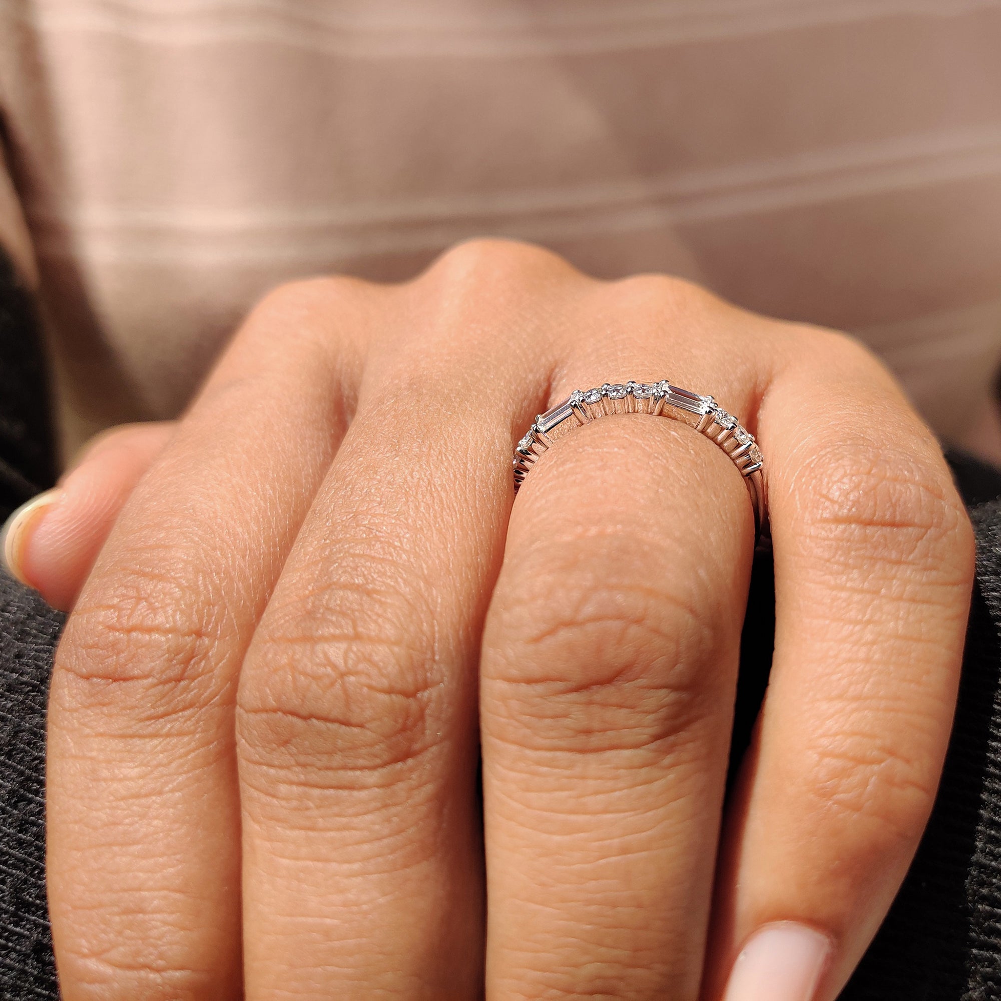 Baguette And Round Moissanite Band with Half Eternity design