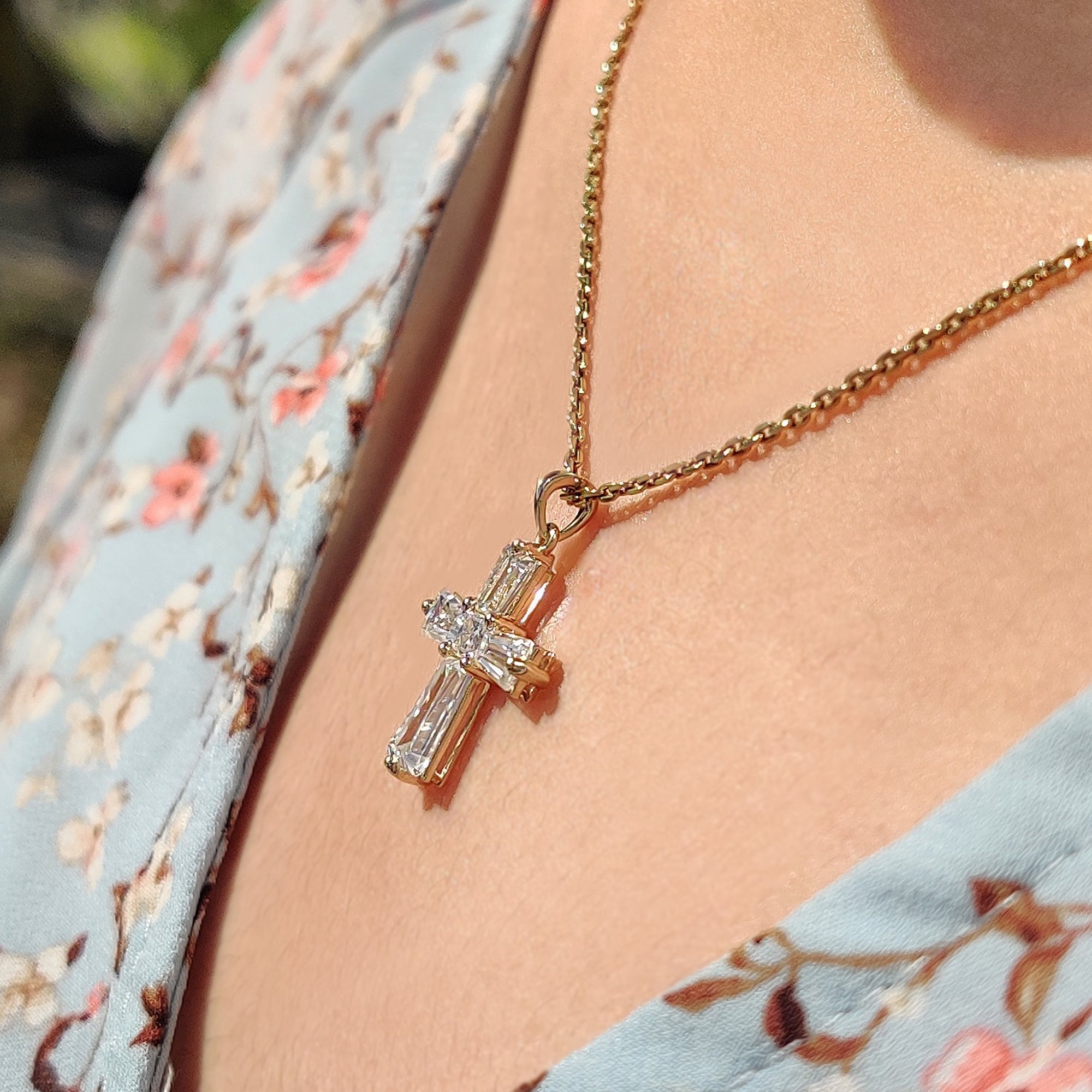 Tapered Baguette Moissanite Gold Cross Pendant