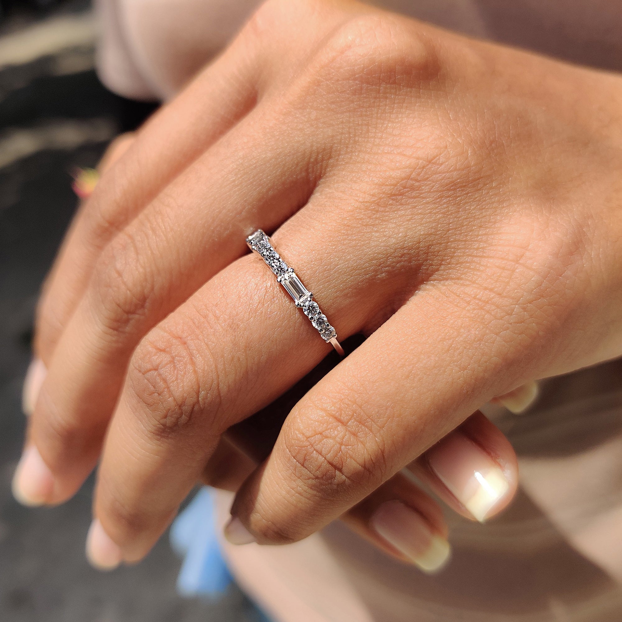 Baguette And Round Moissanite Band with Half Eternity design