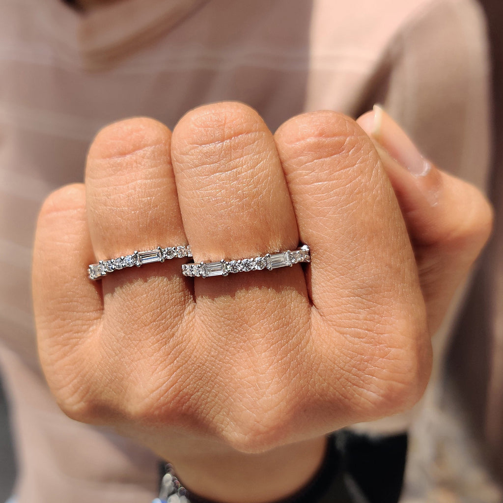 Baguette and Round Cut Wedding Band In Half Eternity