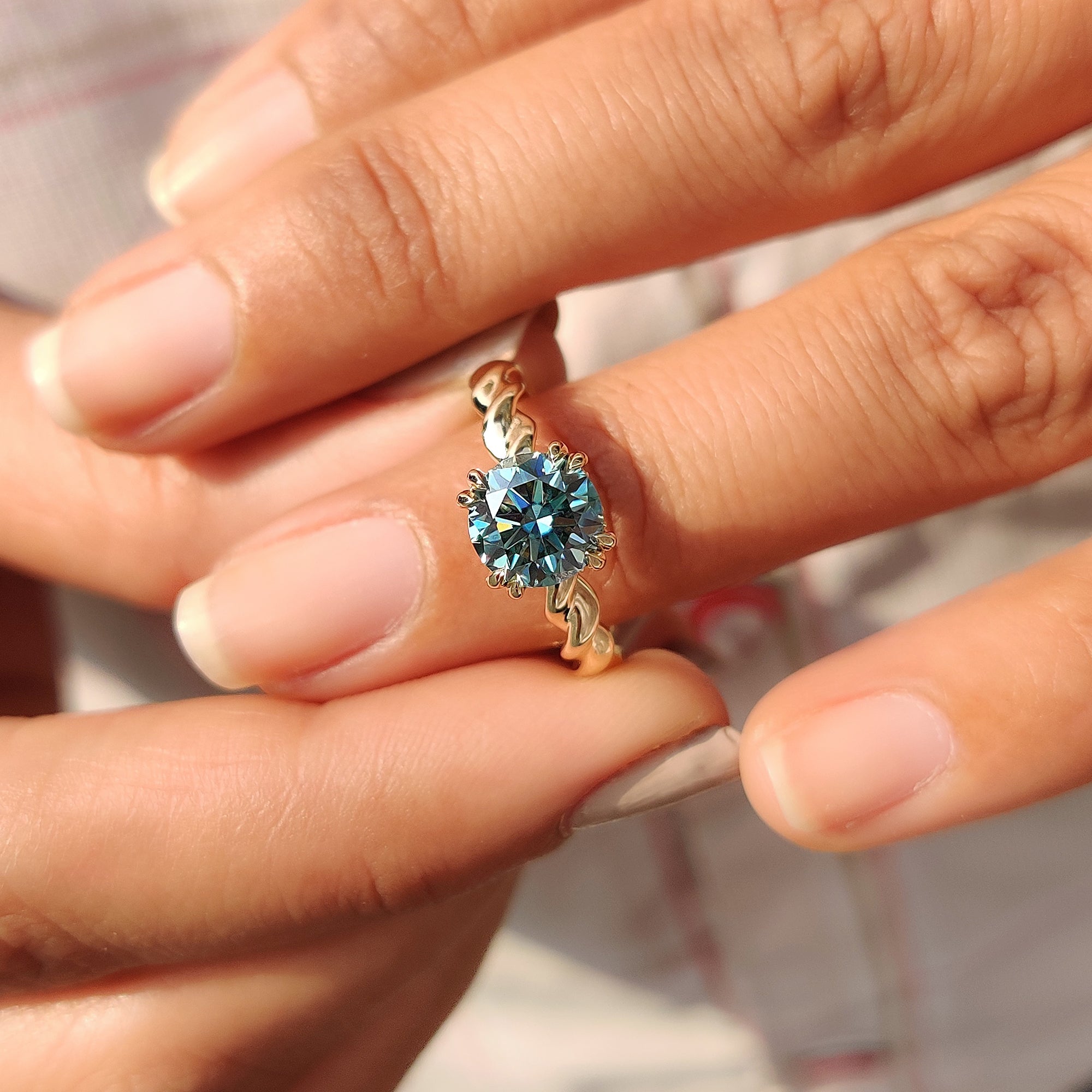 Cyan Blue Round Cut Hidden Halo Ring With Twisted Rope Band