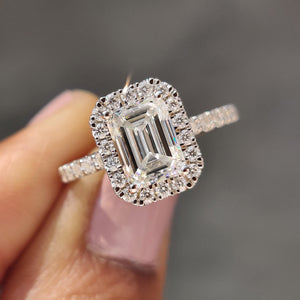 Emerald cut halo ring In Round Cut Pave Band