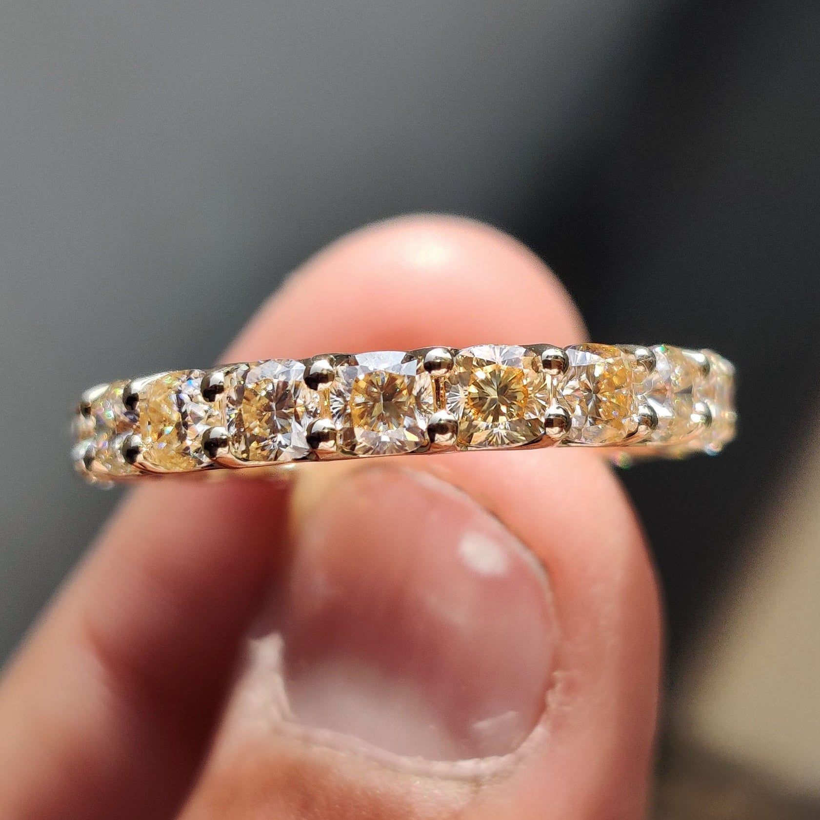 Light Yellow Cushion Cut Trellis Eternity Band