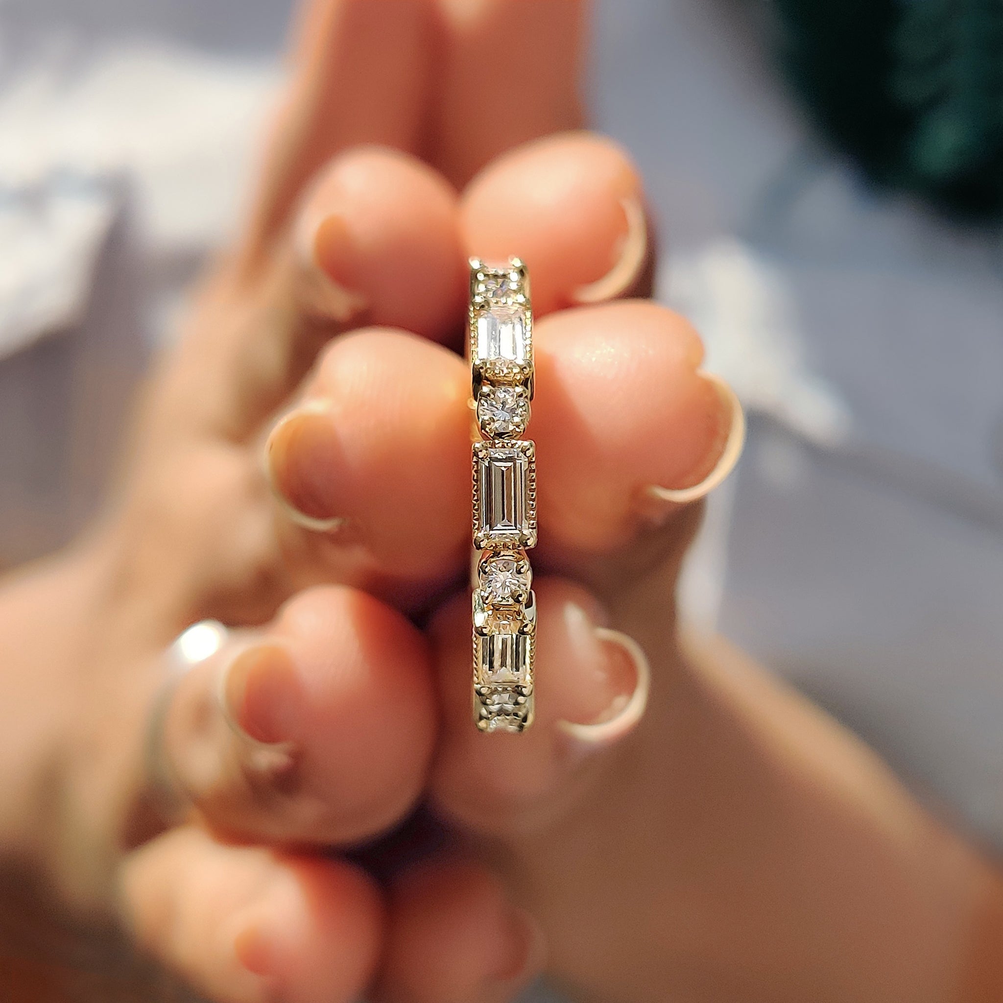 Baguette And Round Wedding Band In Milgrain Setting