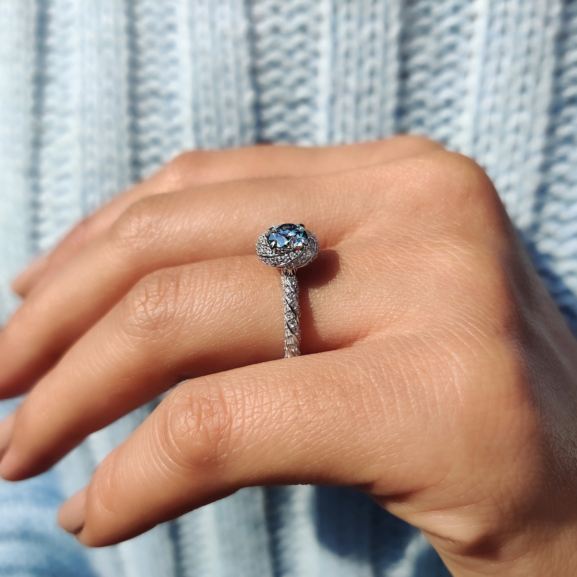 Twisted Pave And Halo Set Round Cut Ring
