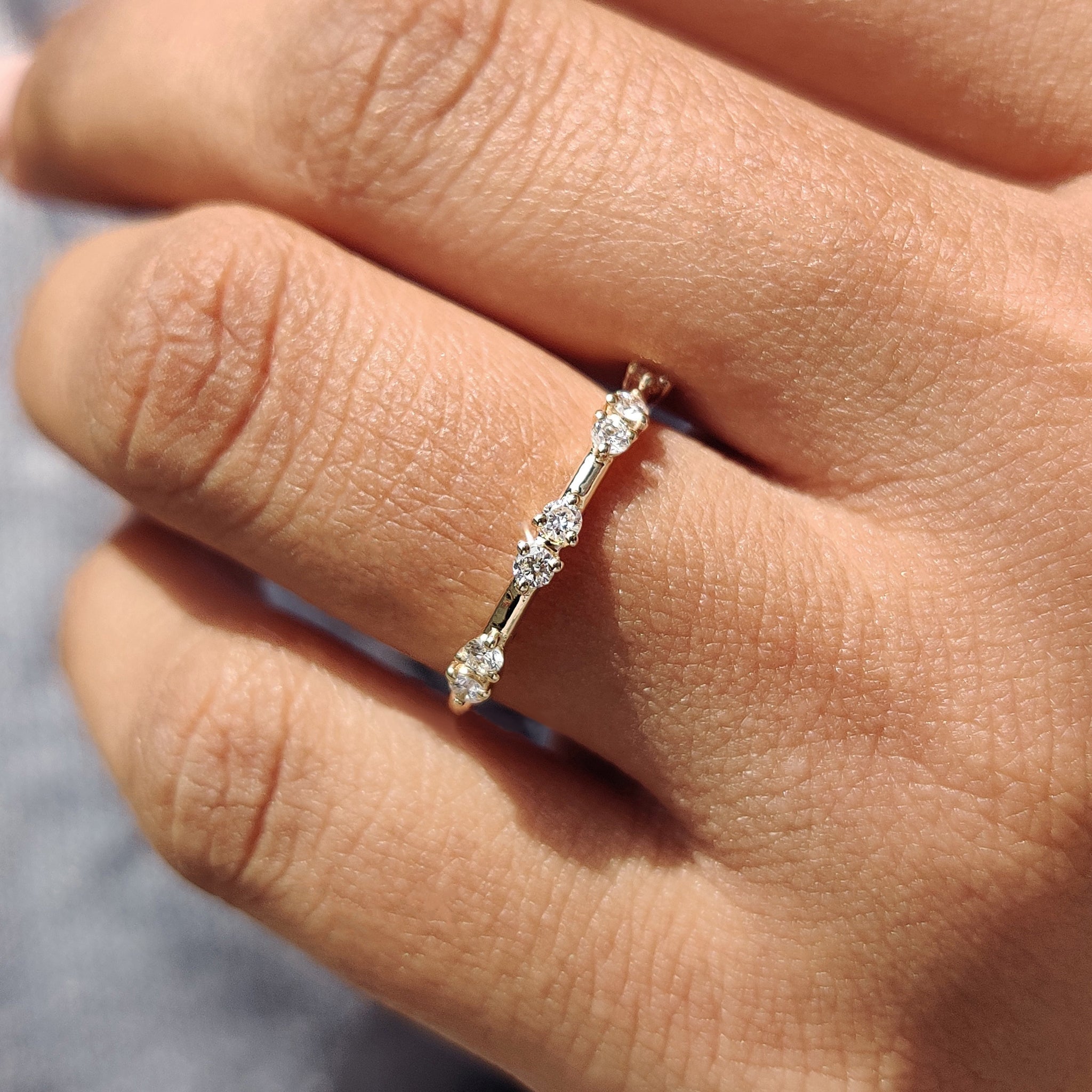 Round Cut Distance Pave Yellow Gold Diamond Band