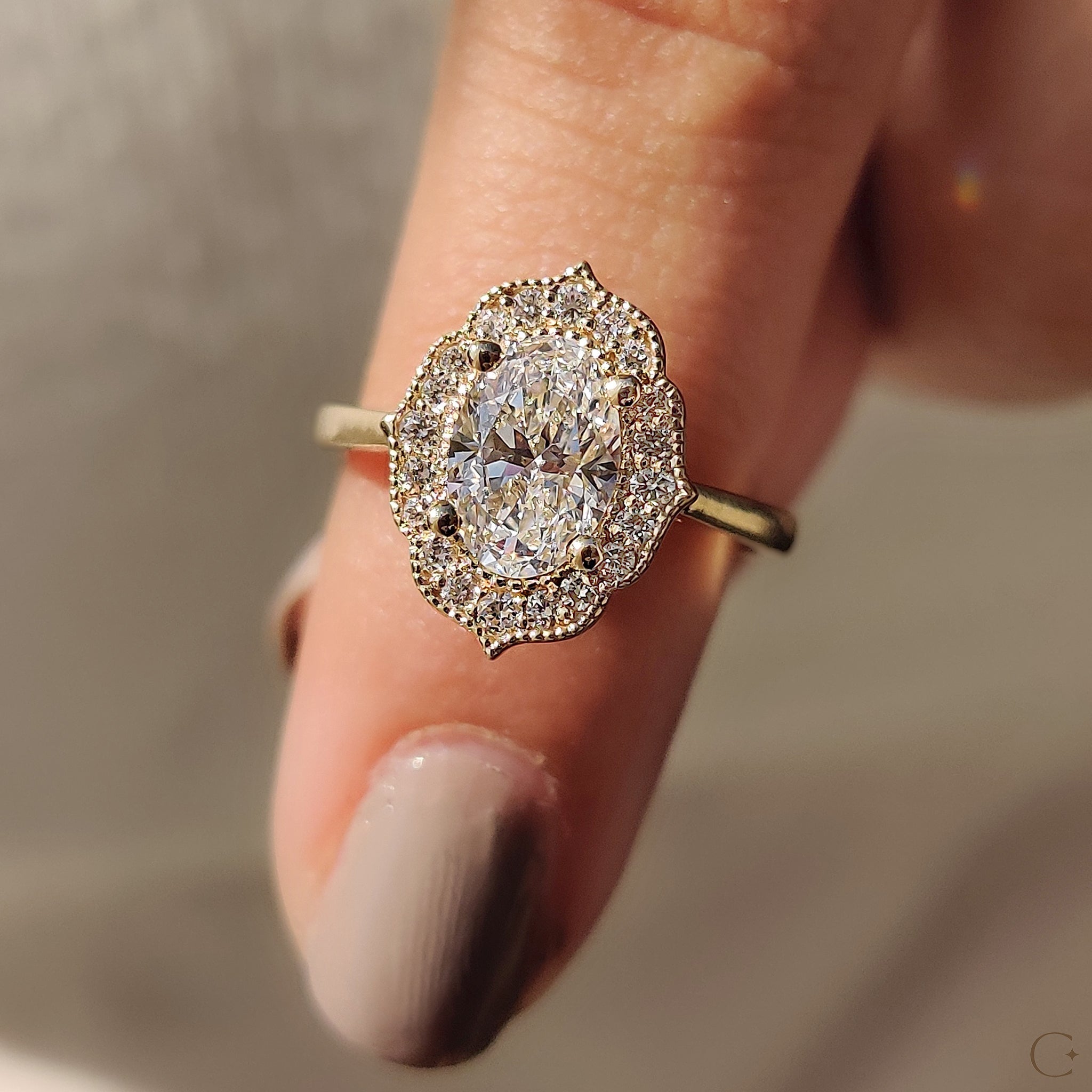 Oval Shaped Engagement Ring In Halo Milgrain Style