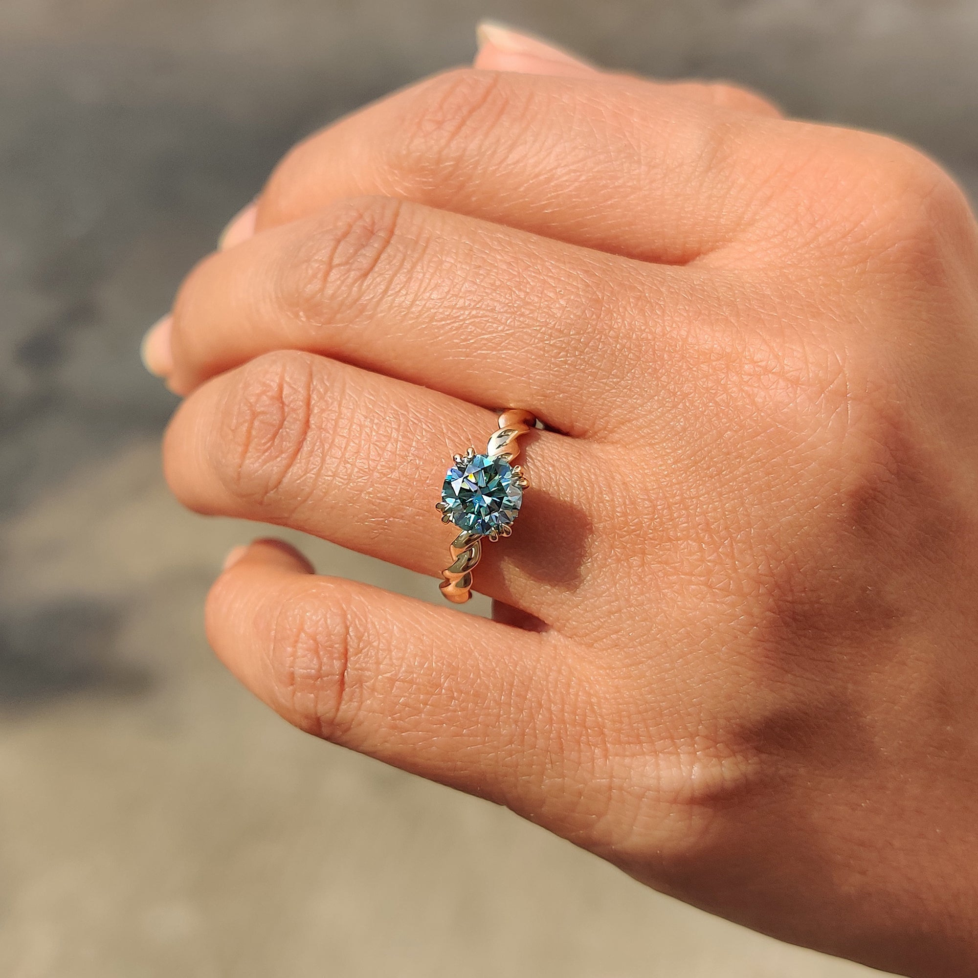 Cyan Blue Round Cut Hidden Halo Ring With Twisted Rope Band
