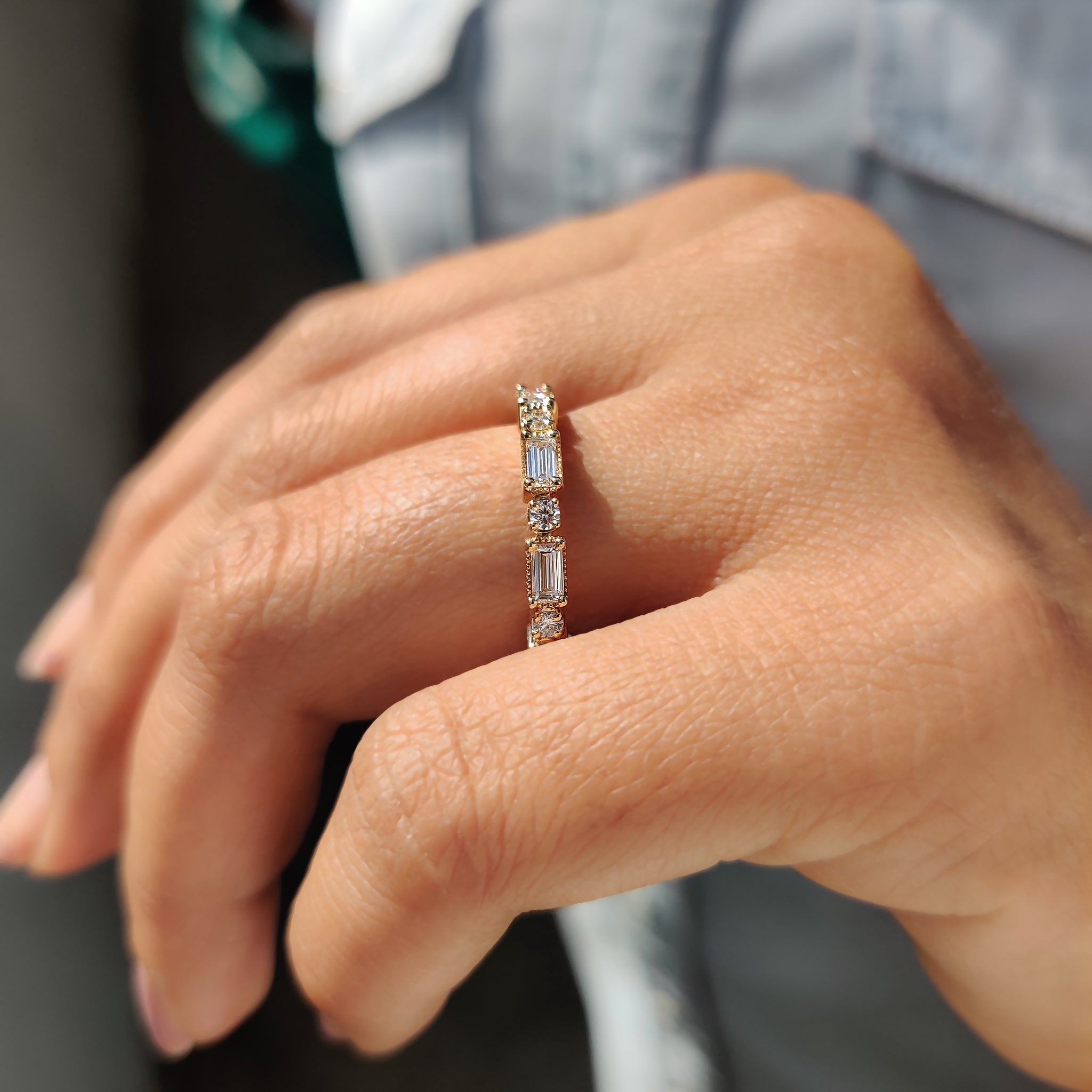 Baguette And Round Wedding Band In Milgrain Setting