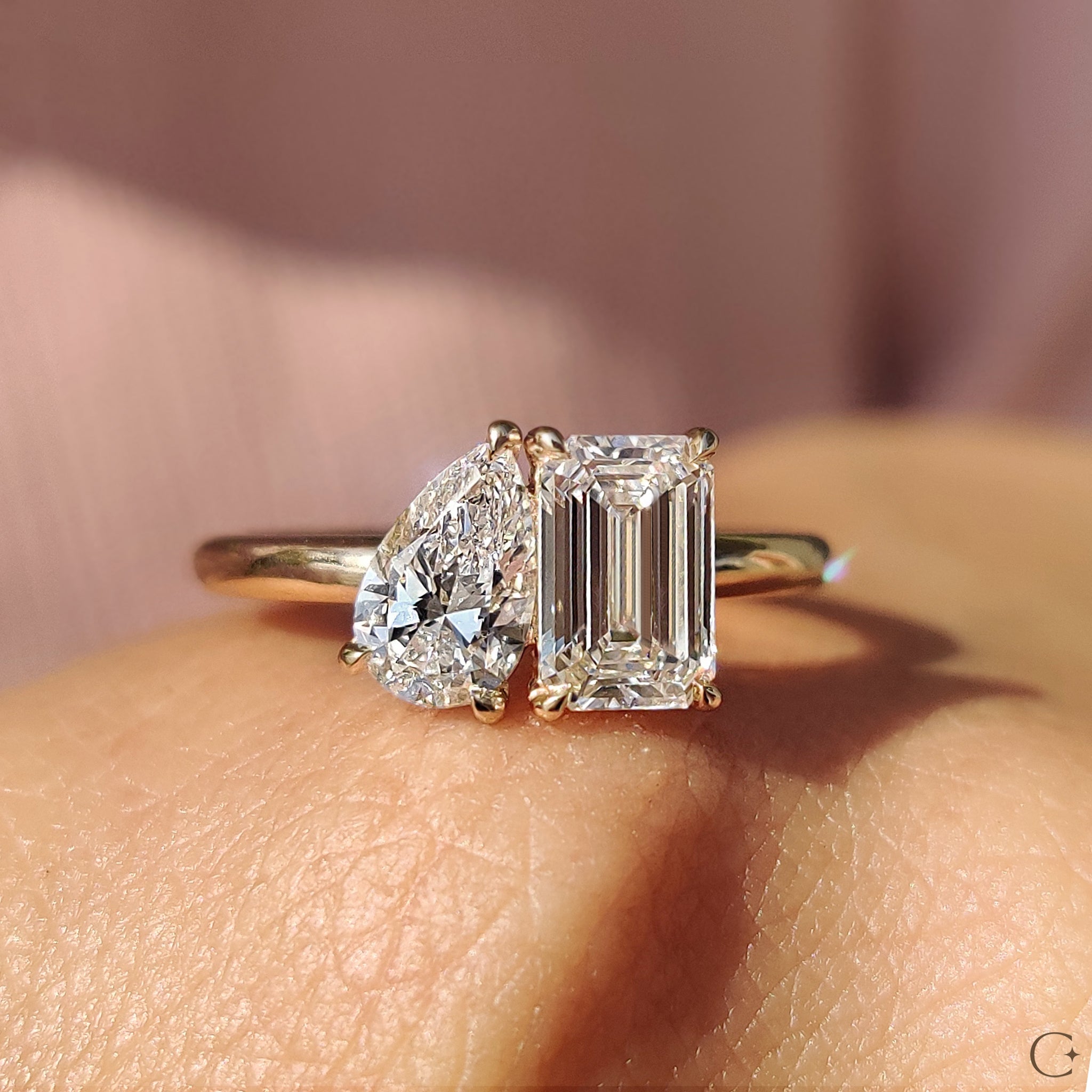 Emerald And Pear Engagement Ring In Toi Et Moi Style