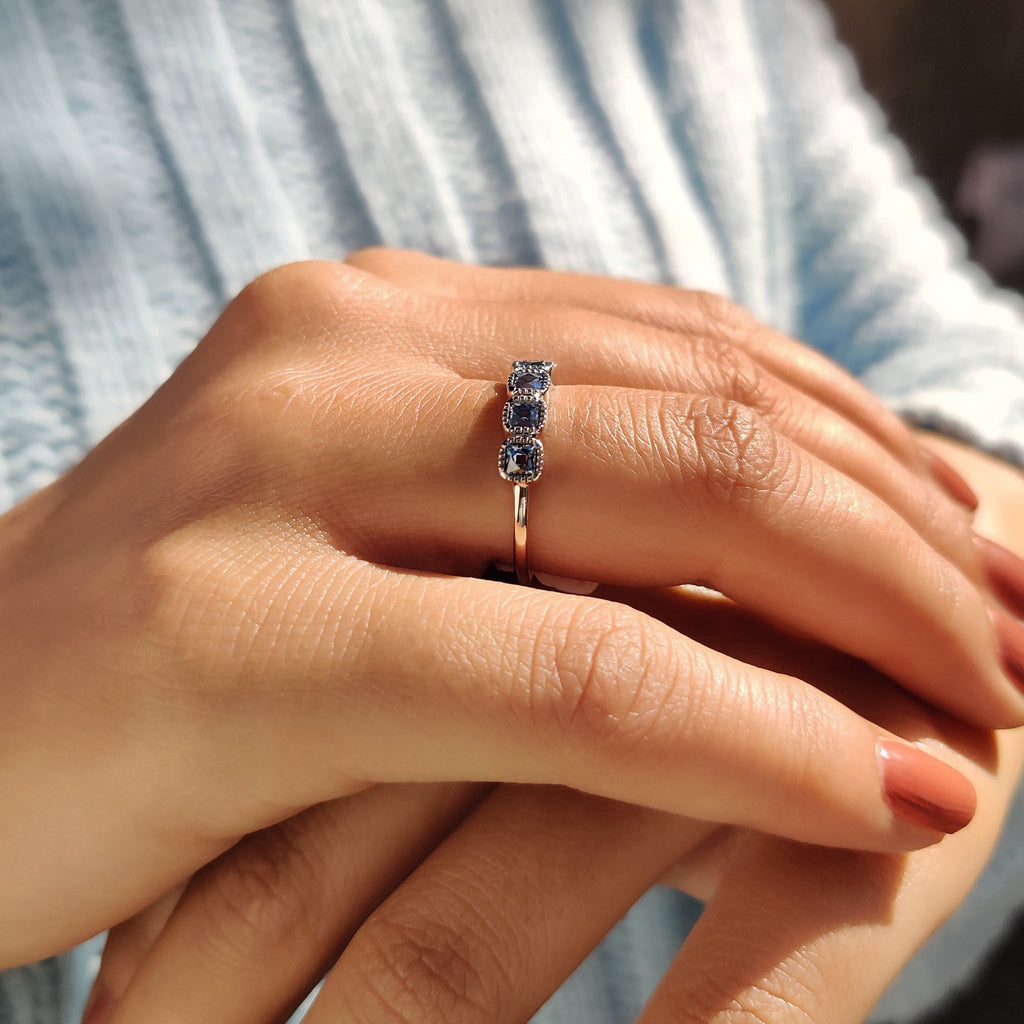 Royal Dark Blue Stone French Cut Half Eternity Wedding Band