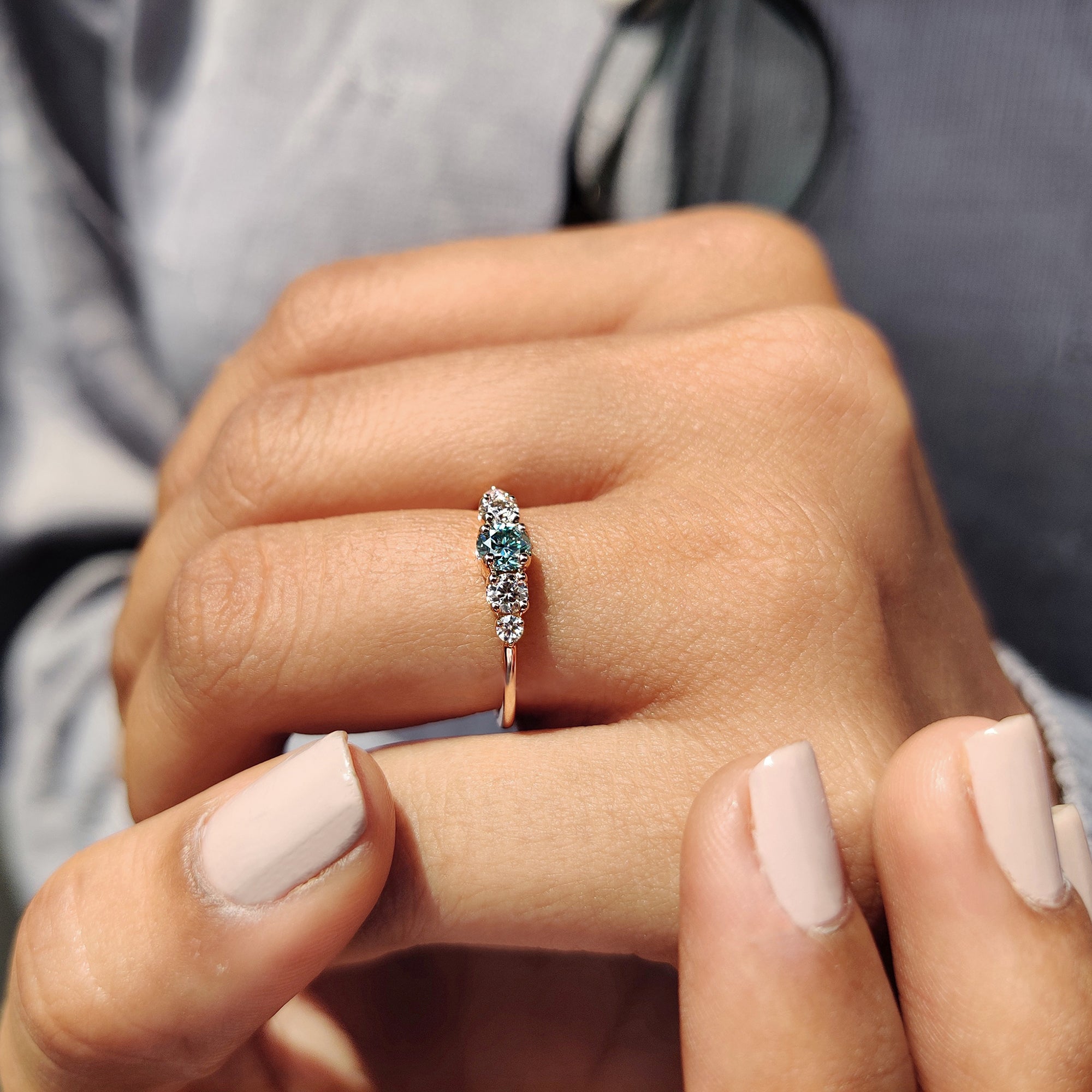 Cyan Blue Round Cut 5 Stone Engagement Ring