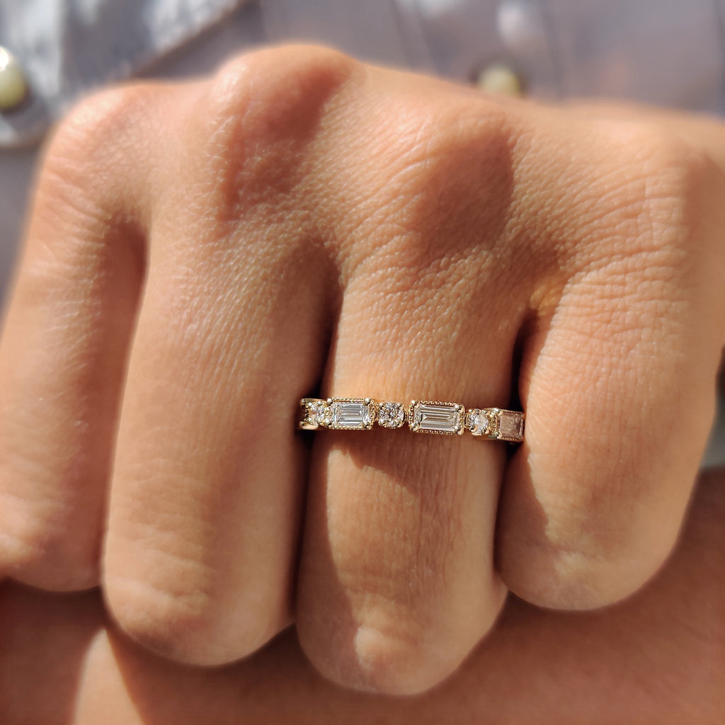 Baguette And Round Wedding Band In Milgrain Setting