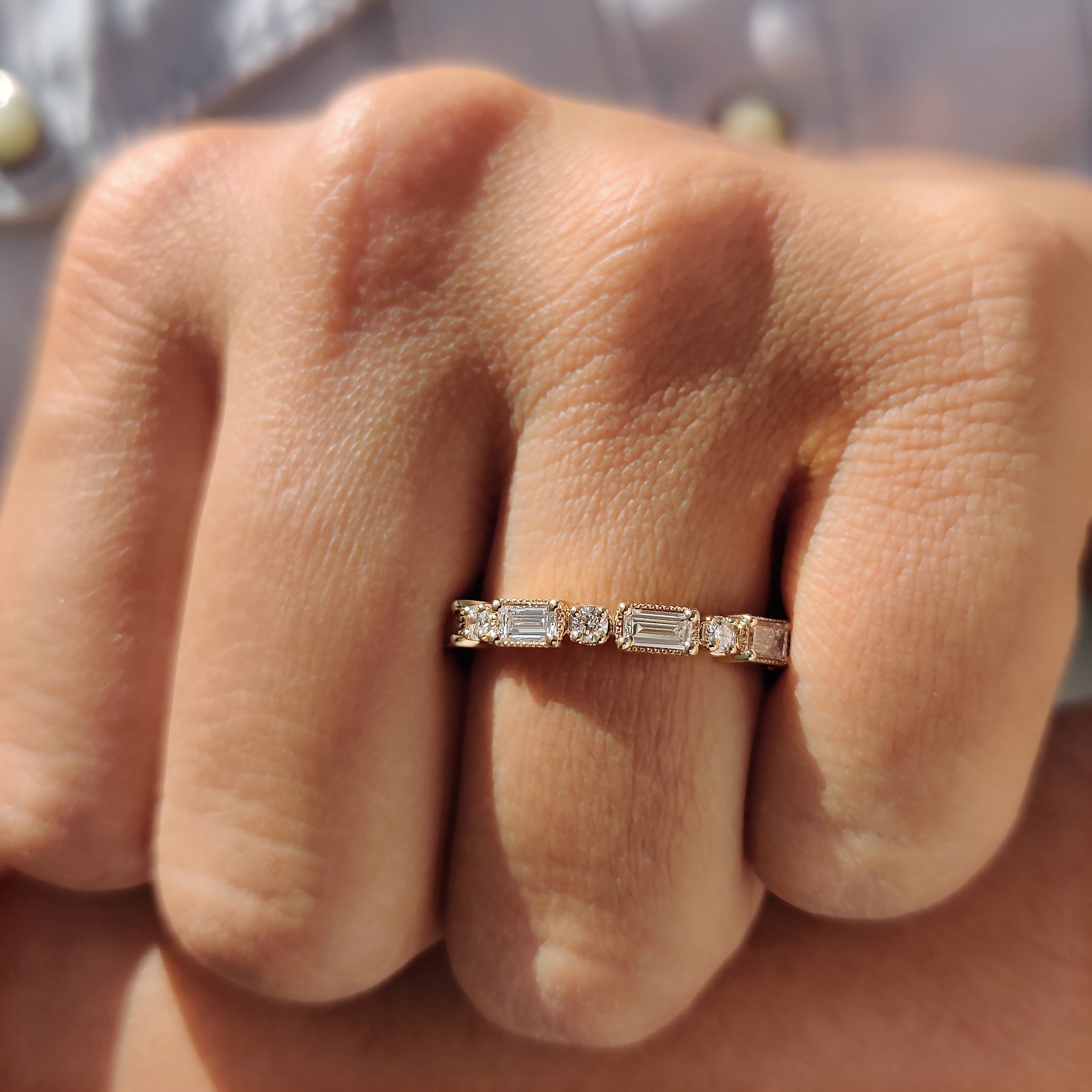 Baguette And Round Wedding Band In Milgrain Setting