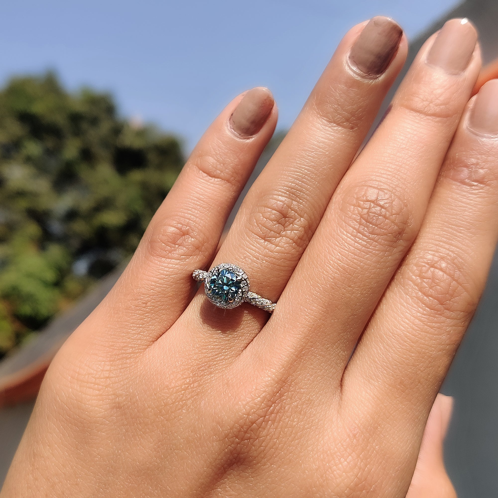 Twisted Pave And Halo Set Round Cut Ring