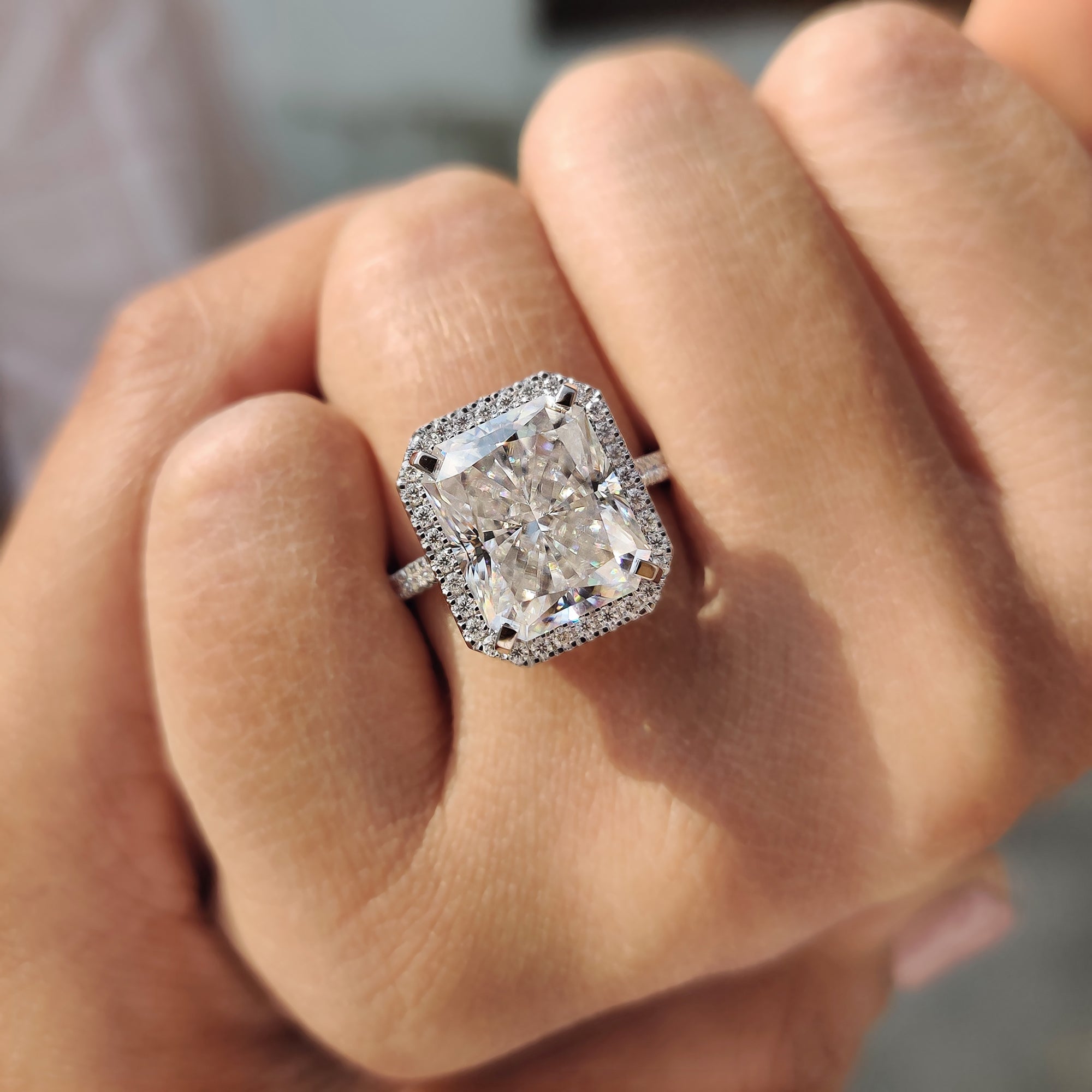 Radiant Cut Moissanite Ring in Cathedral Setting Style