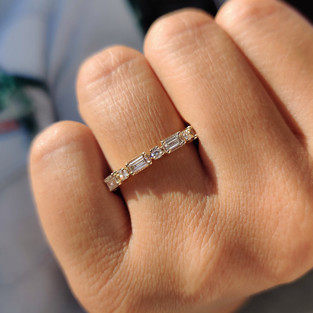 Baguette And Round Wedding Band In Milgrain Setting