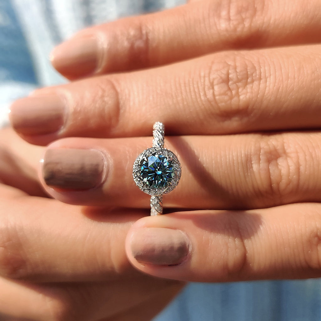 Twisted Pave And Halo Set Round Cut Ring