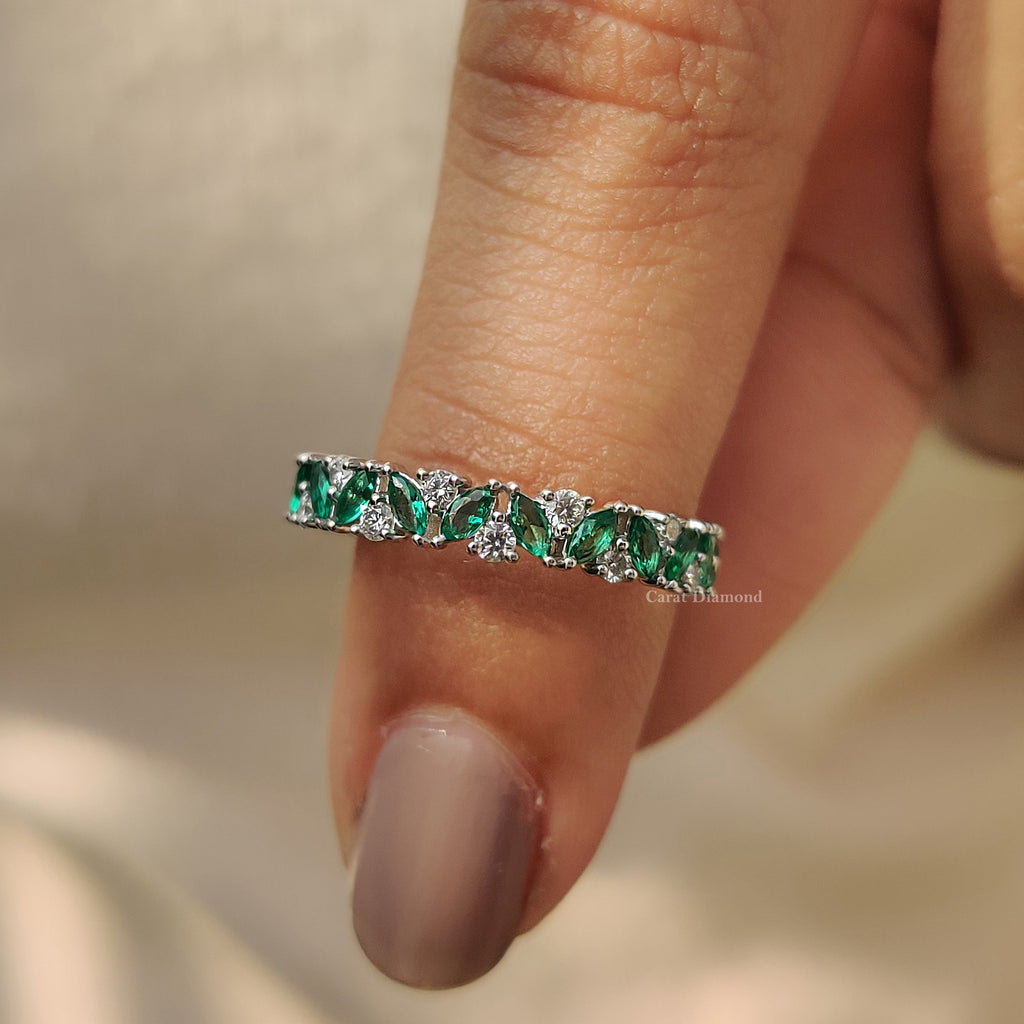 Marquise Cut Green Emerald Zig Zag Wedding Band