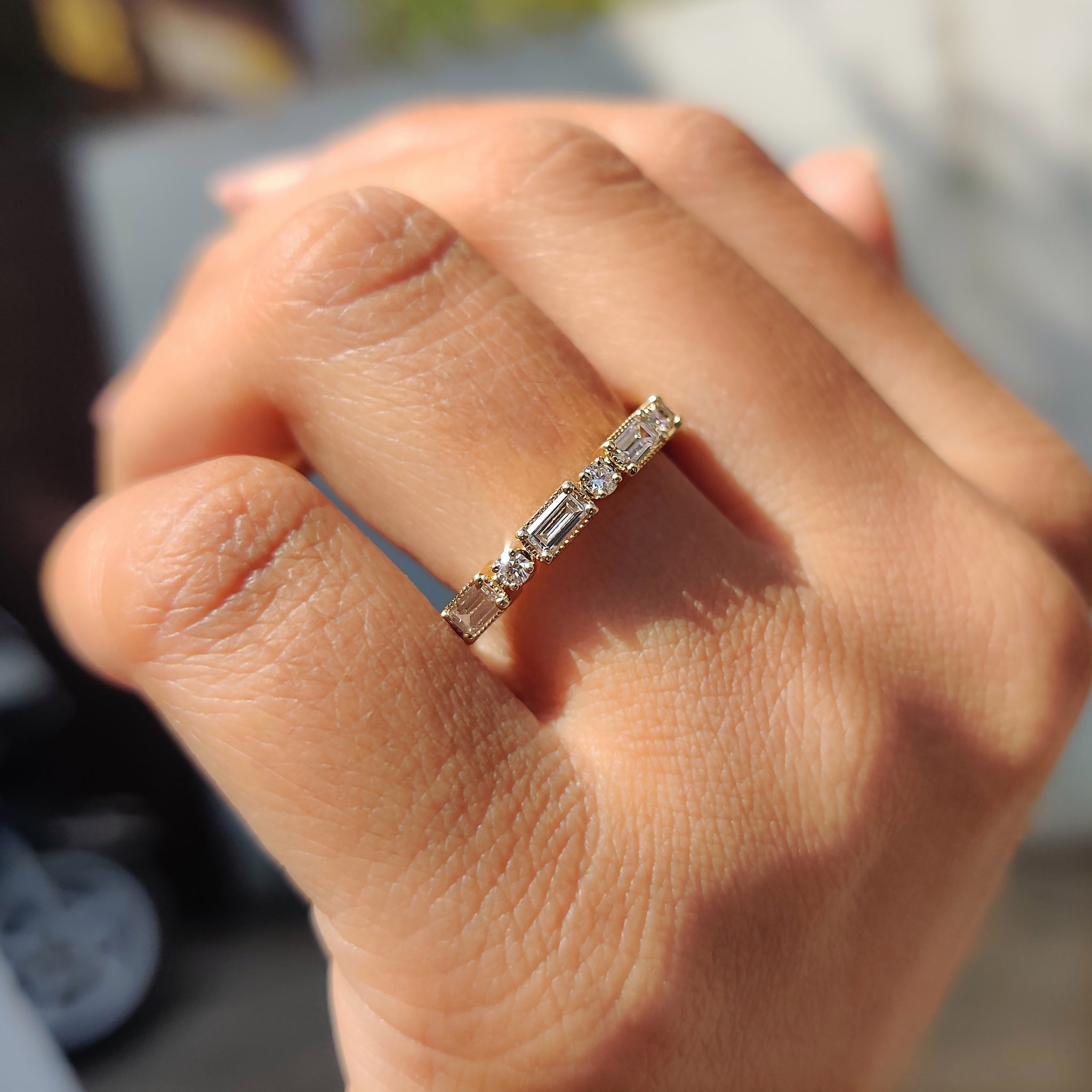 Baguette And Round Wedding Band In Milgrain Setting