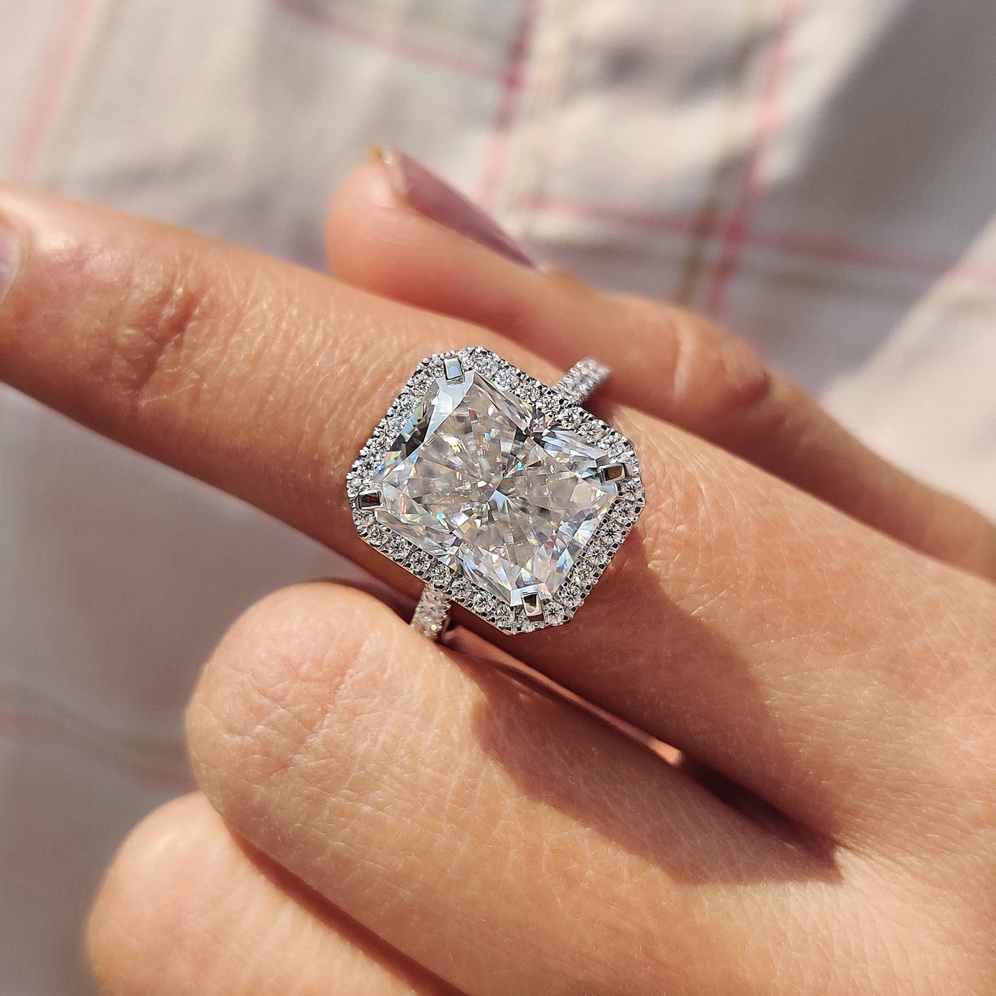 Radiant Cut Moissanite Ring in Cathedral Setting Style
