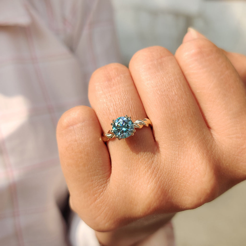 Cyan Blue Round Cut Hidden Halo Ring With Twisted Rope Band