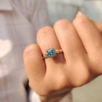 Cyan Blue Round Cut Hidden Halo Ring With Twisted Rope Band