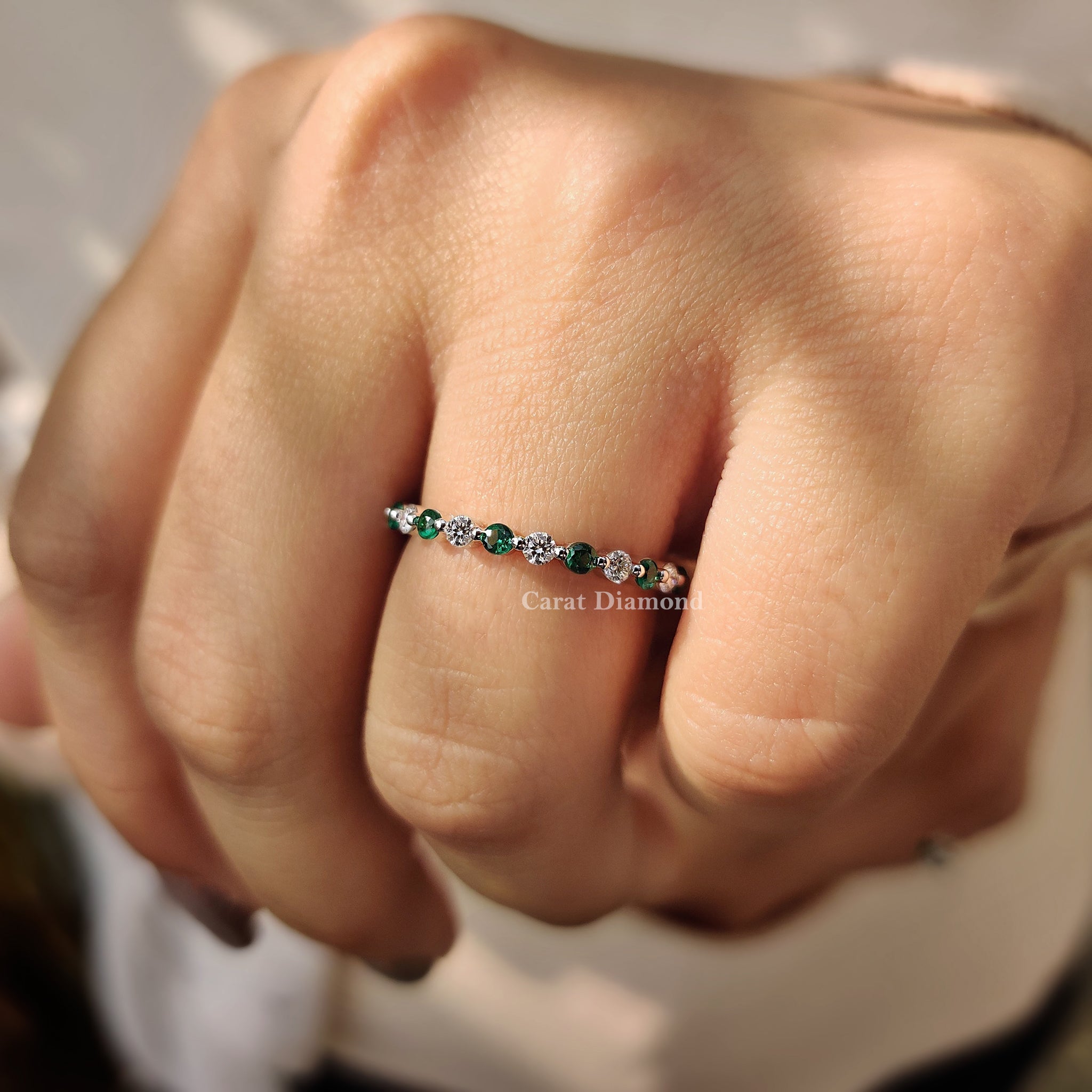 Green Emerald and Diamond Wedding Band