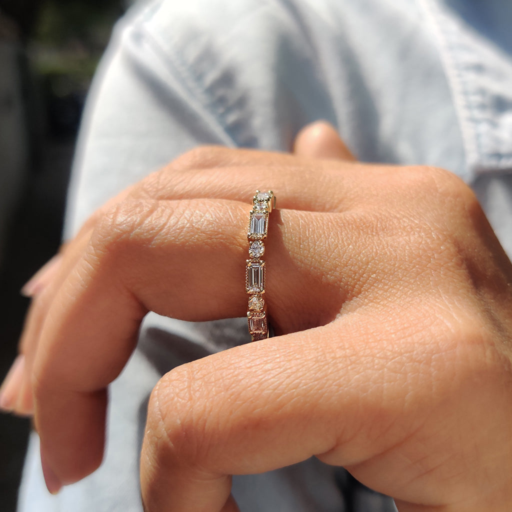 Baguette And Round Wedding Band In Milgrain Setting