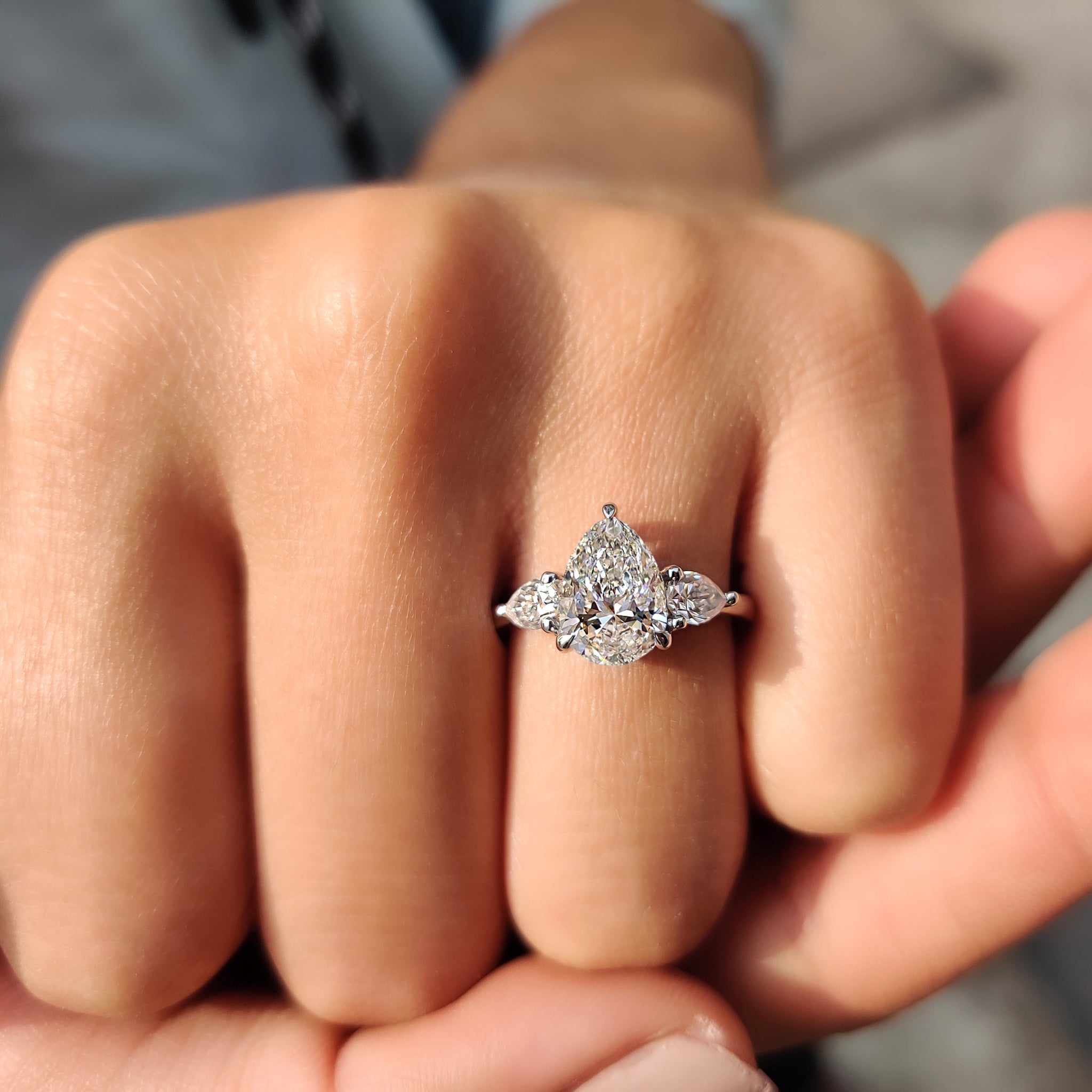 Three Stone Diamond Ring in Pear Diamond Setting