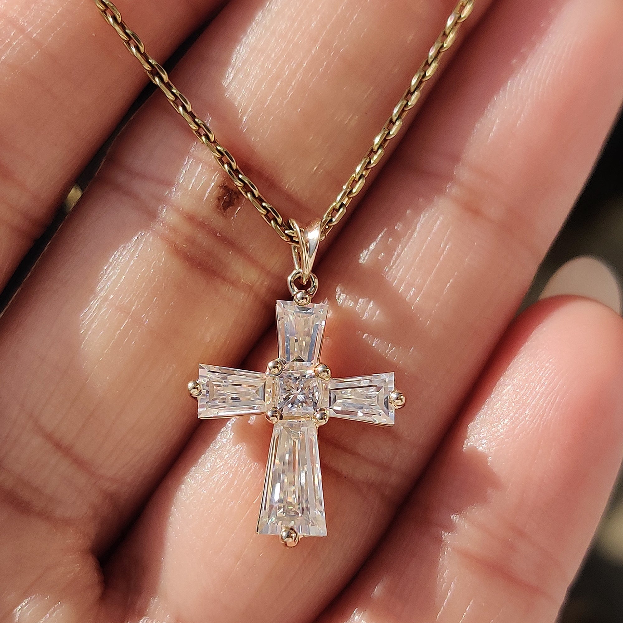 Tapered Baguette Moissanite Gold Cross Pendant
