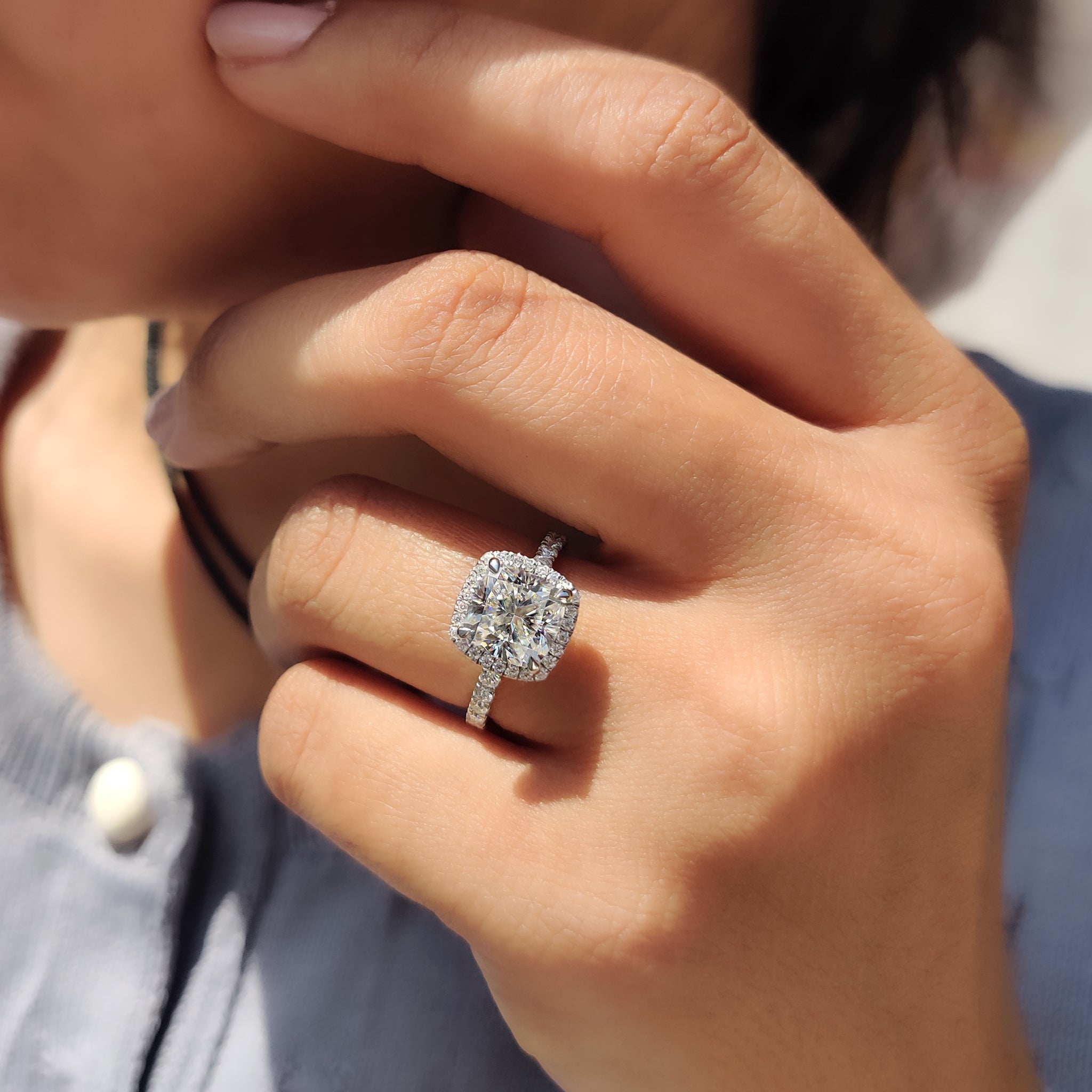 Cushion Cut Halo Engagement Ring in a Pave Band Style