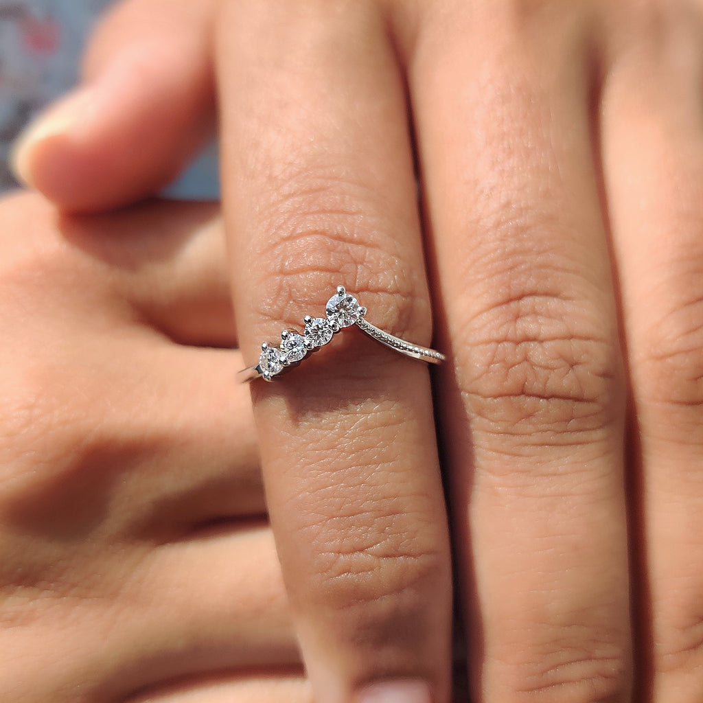 Round Cut Chevron Wedding Band With Milgrain Detail