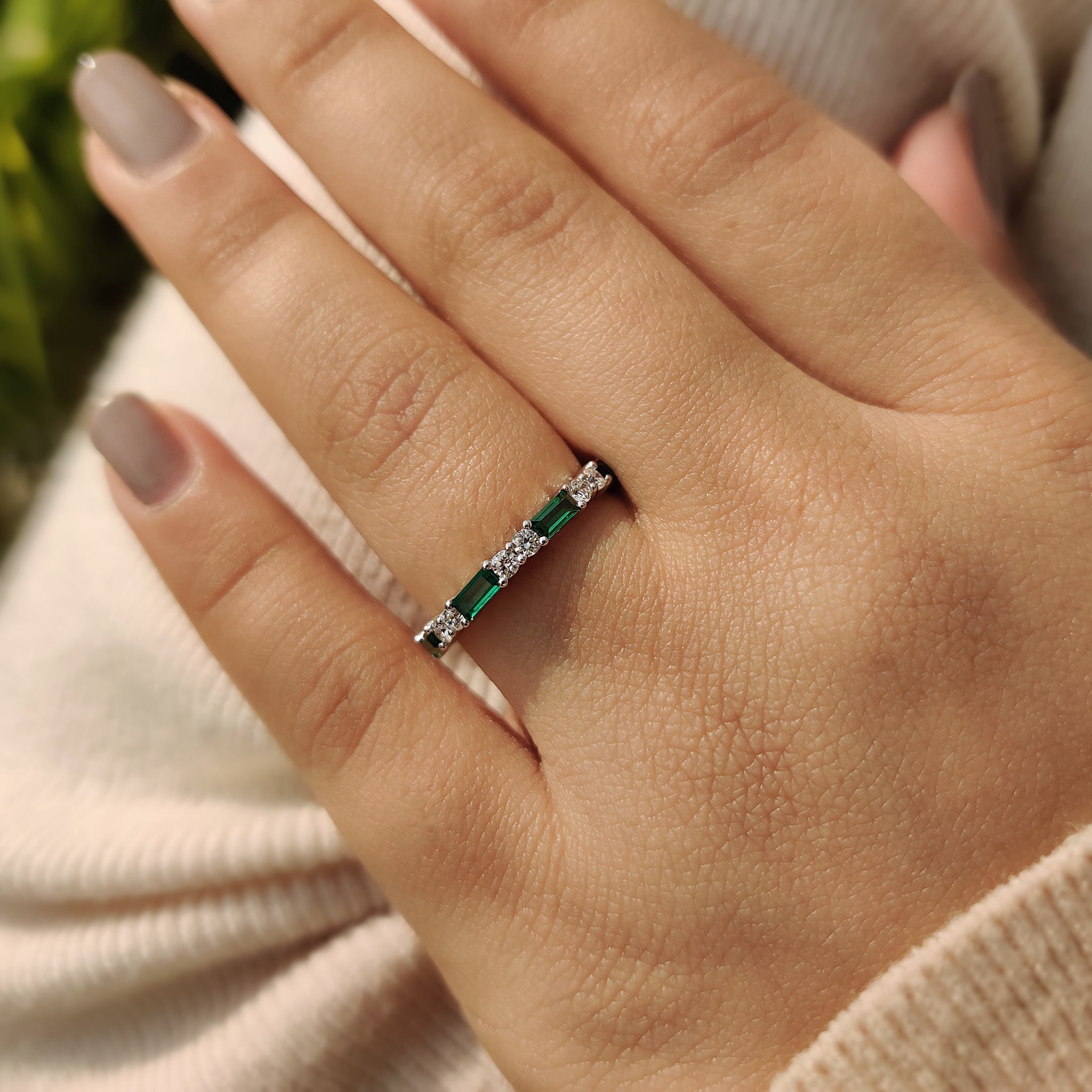Emerald And Diamond Wedding Band In Half Eternity