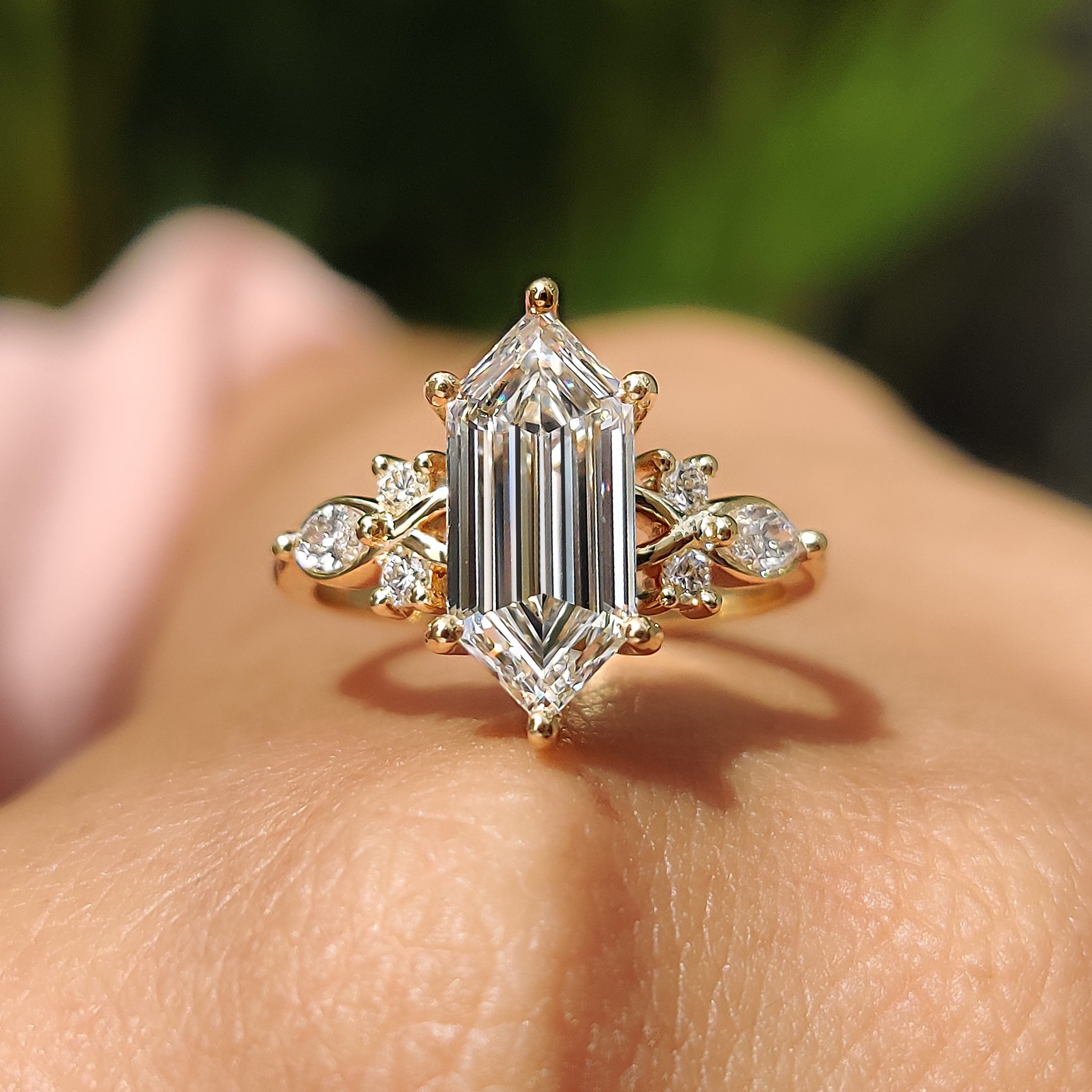 Elongated Hexagon Engagement Ring In Cluster Style