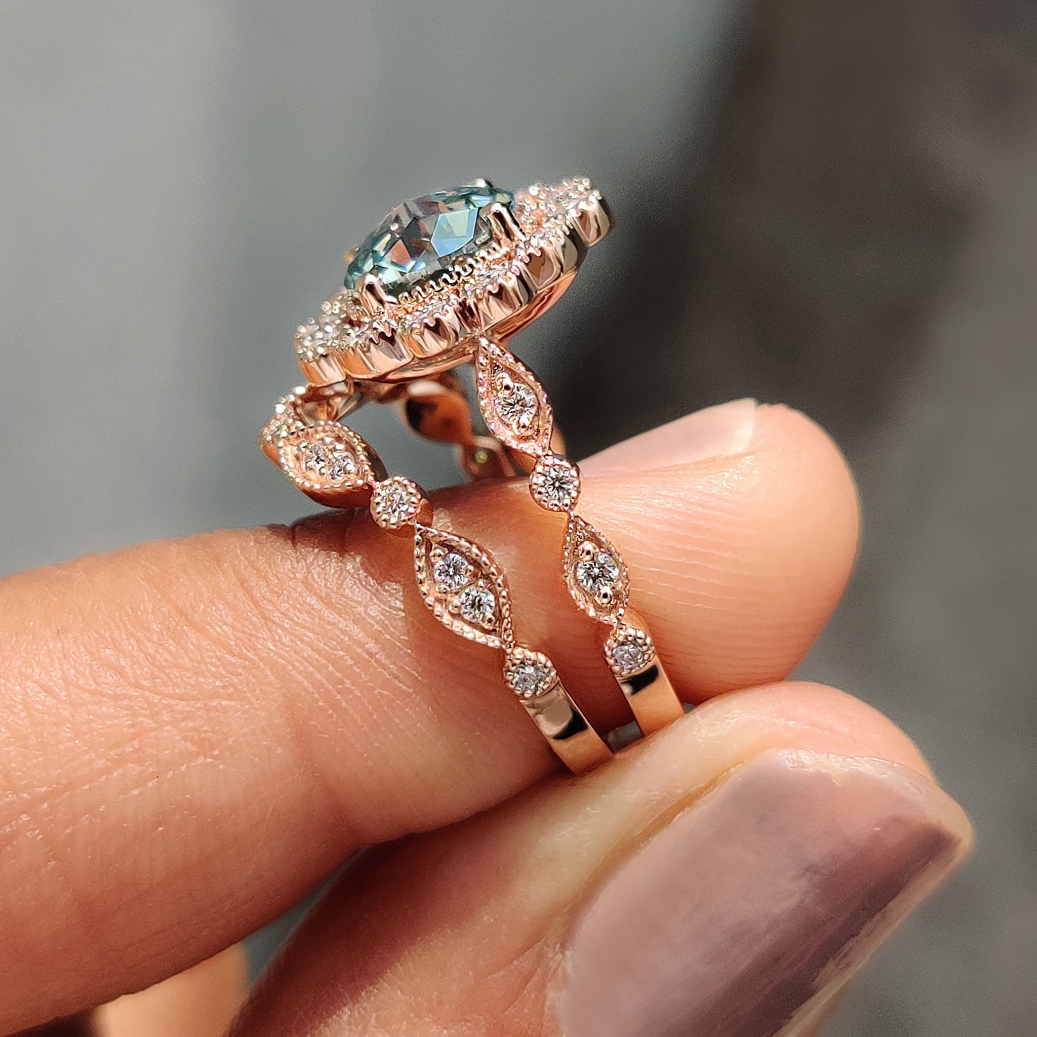 Vintage Bridal Set With Cyan Blue Moissanite Ring