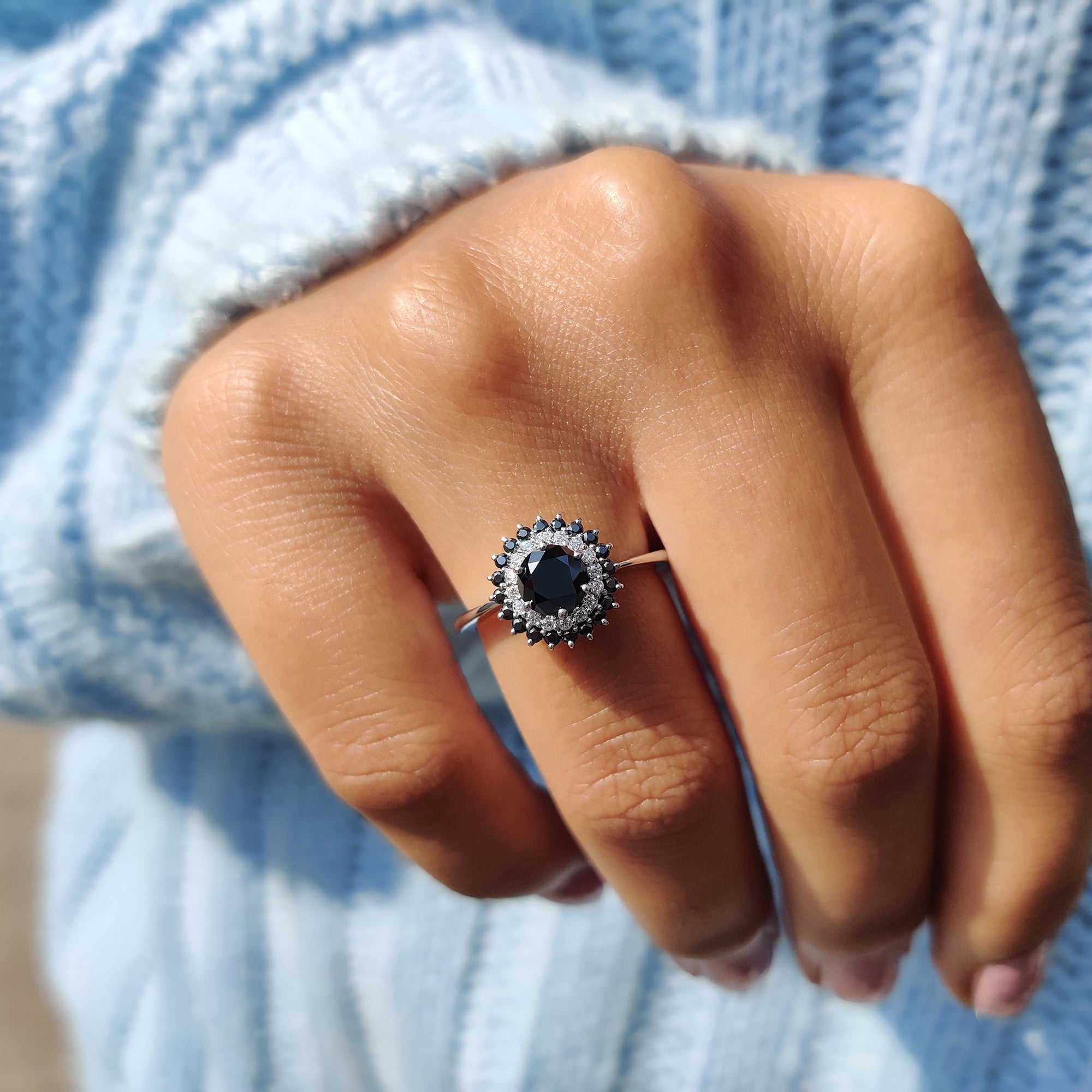 Tapered Shank Black Round Cut Ring
