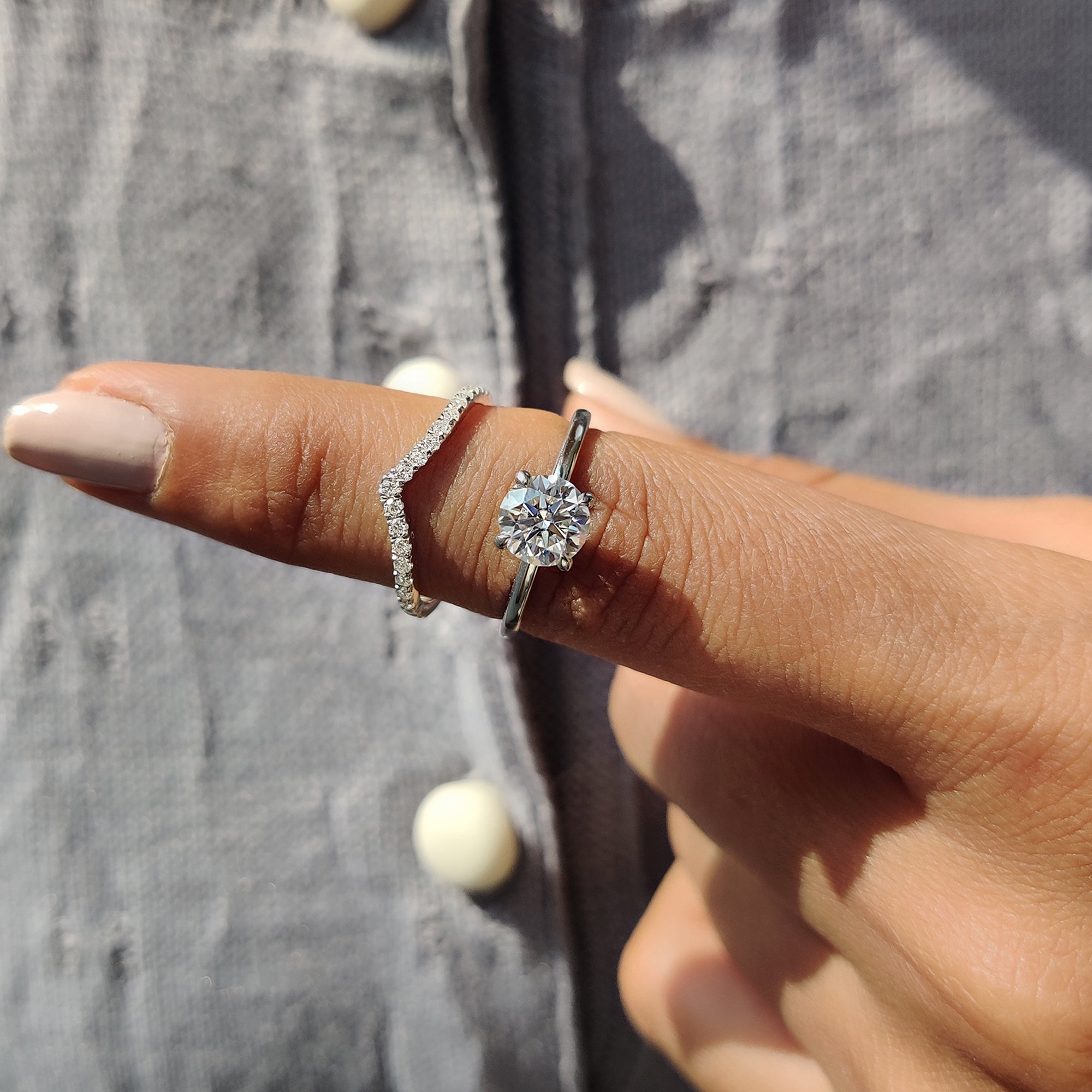 Round Cut Moissanite White Gold Bridal Set With V Shaped Band