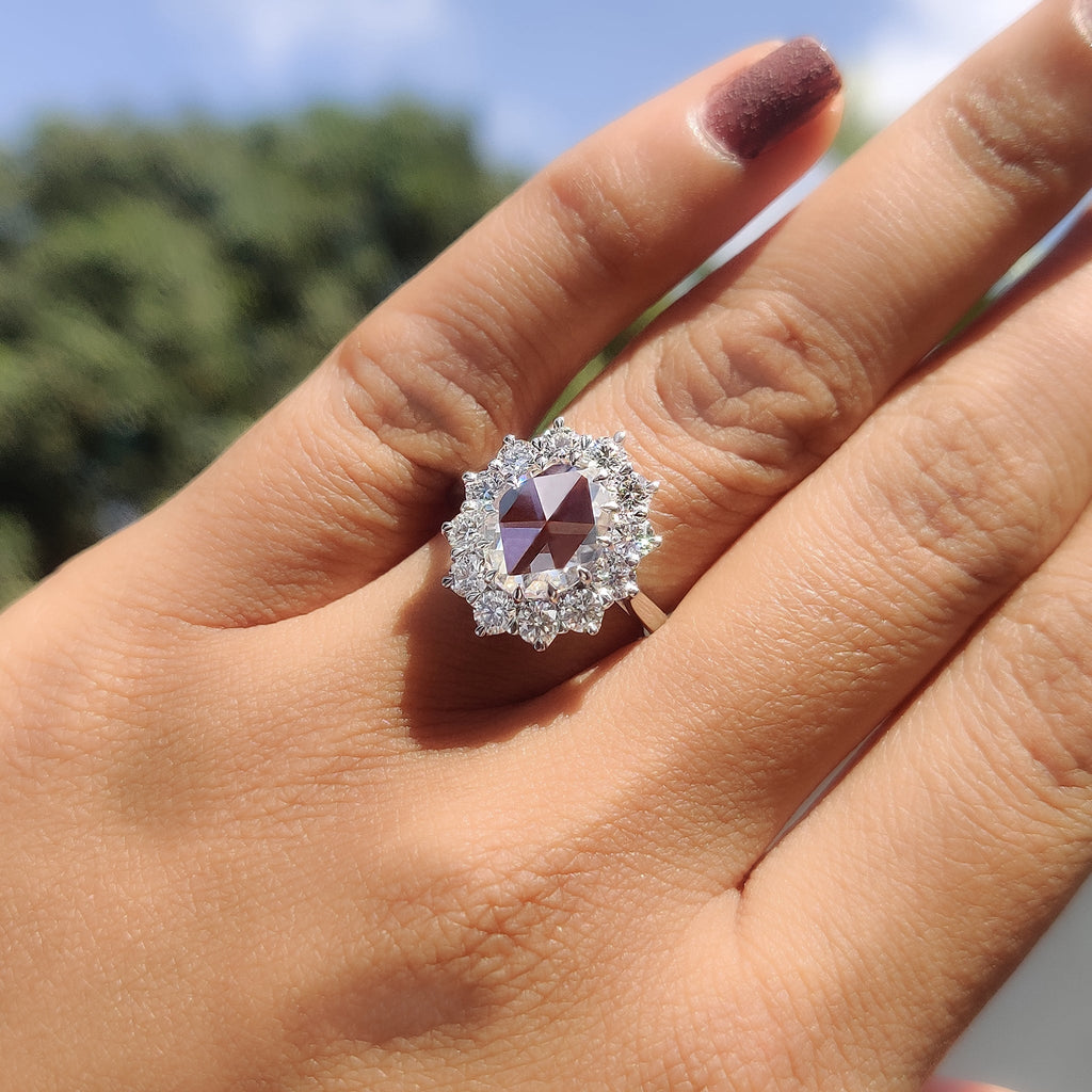 Oval Rose Cut Engagement Ring In Cluster Halo Style