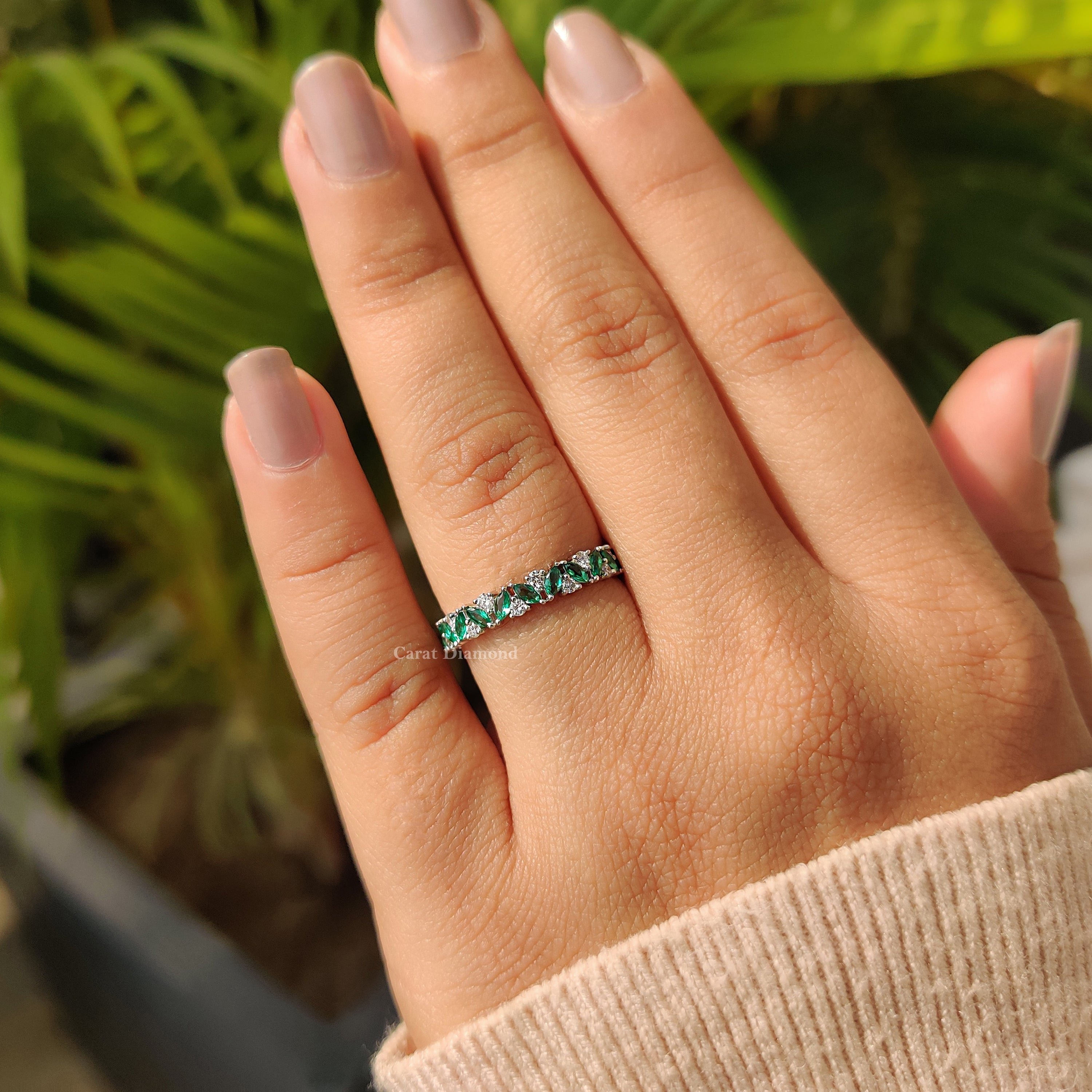 Marquise Cut Green Emerald Zig Zag Wedding Band