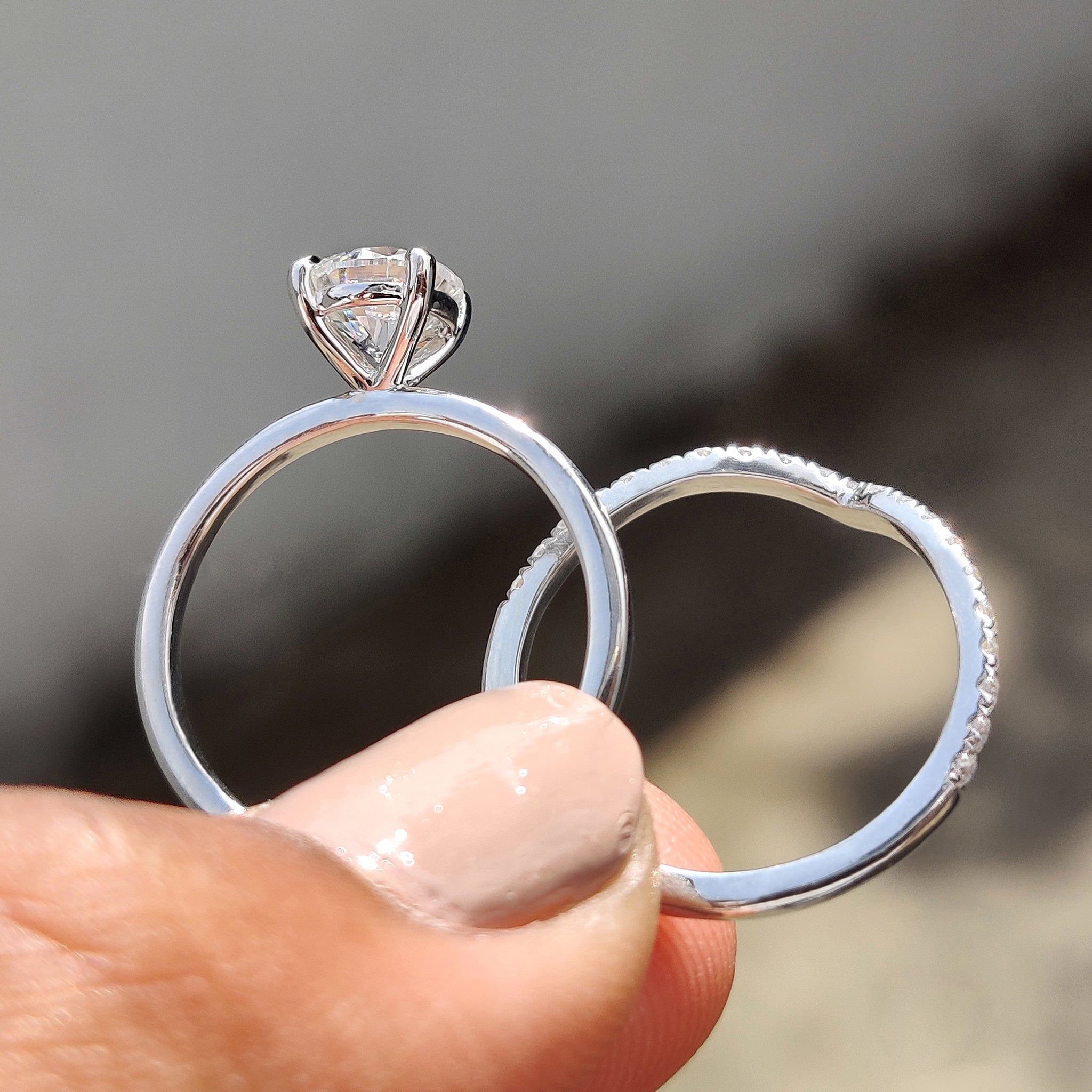 Round Cut Moissanite White Gold Bridal Set With V Shaped Band