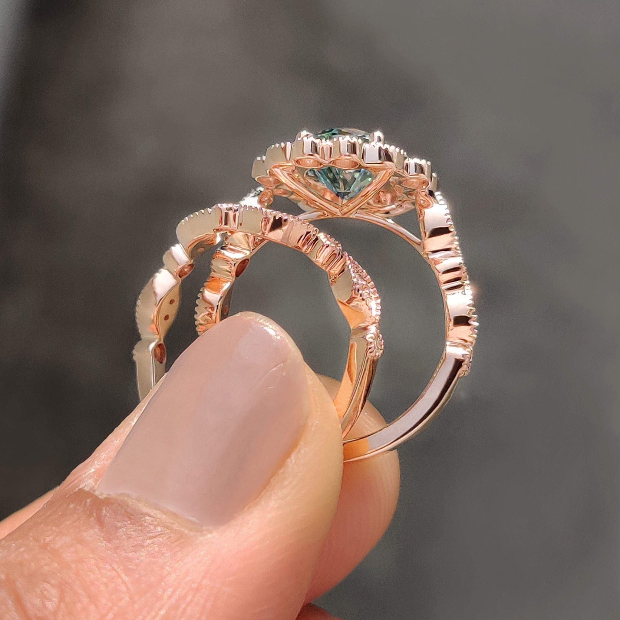 Vintage Bridal Set With Cyan Blue Moissanite Ring