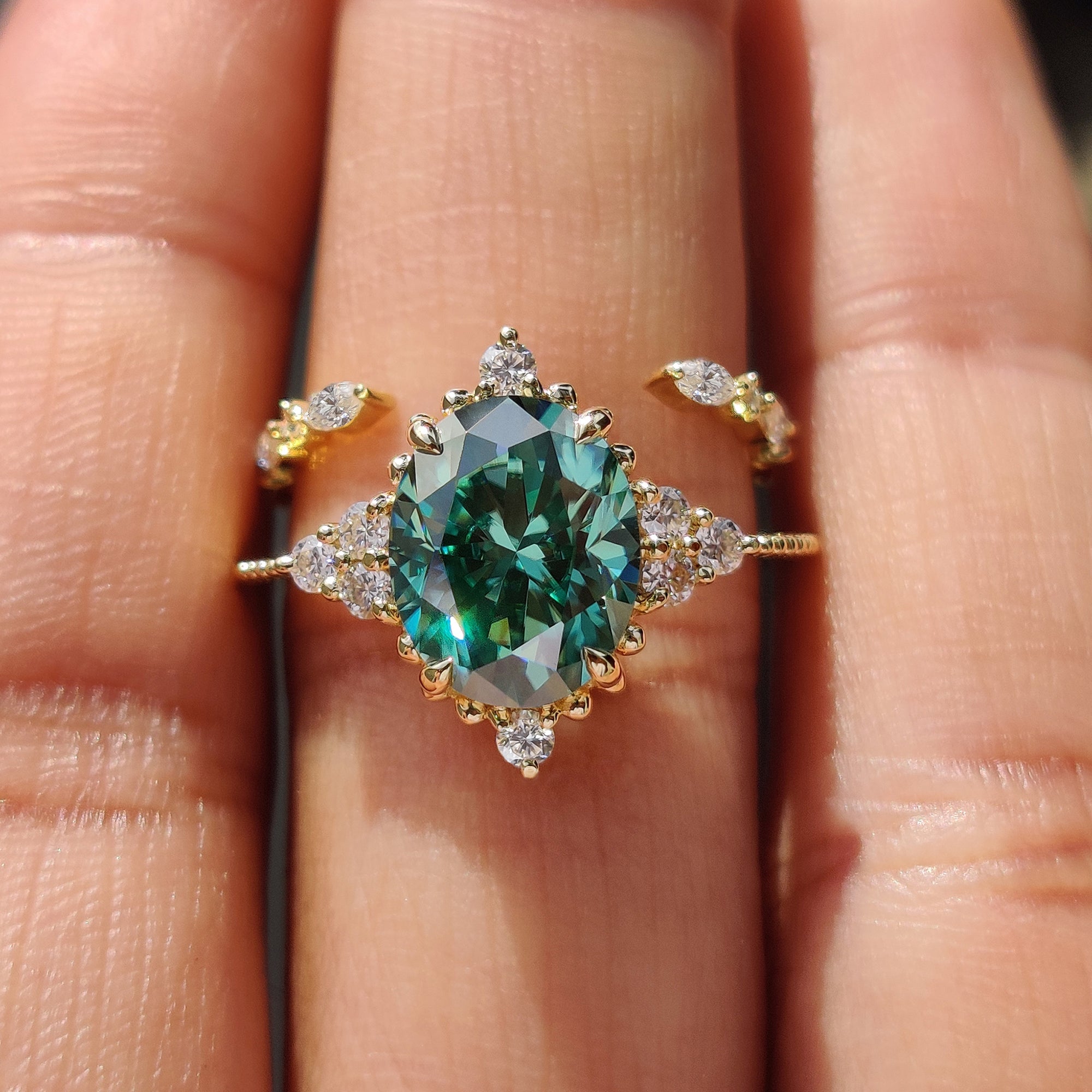 Oval Cut Yellow Gold Bridal Set With Marquise Open Gap Band