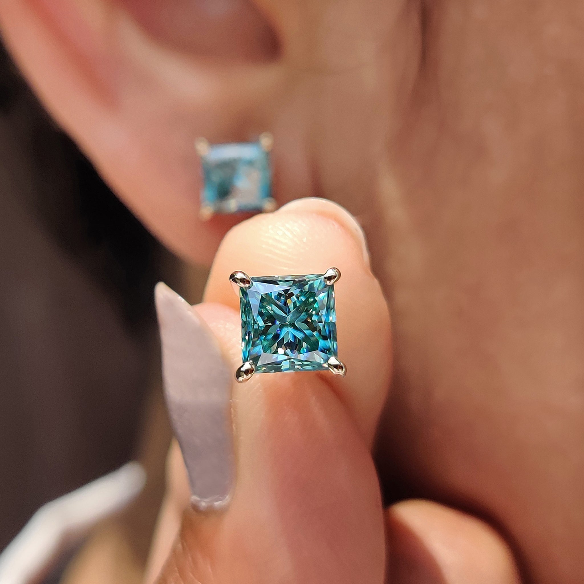 Cyan Blue Princess Cut Moissanite Earrings