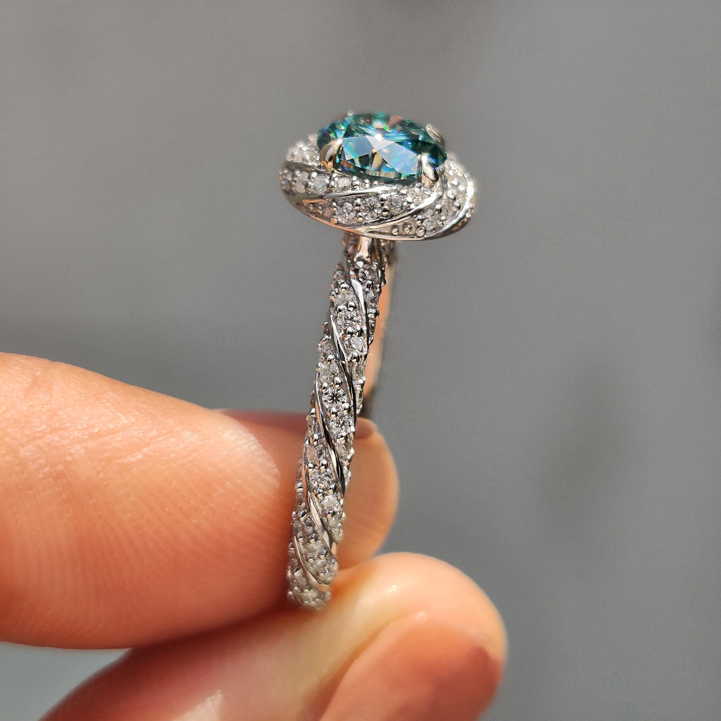 Twisted Pave And Halo Set Round Cut Ring