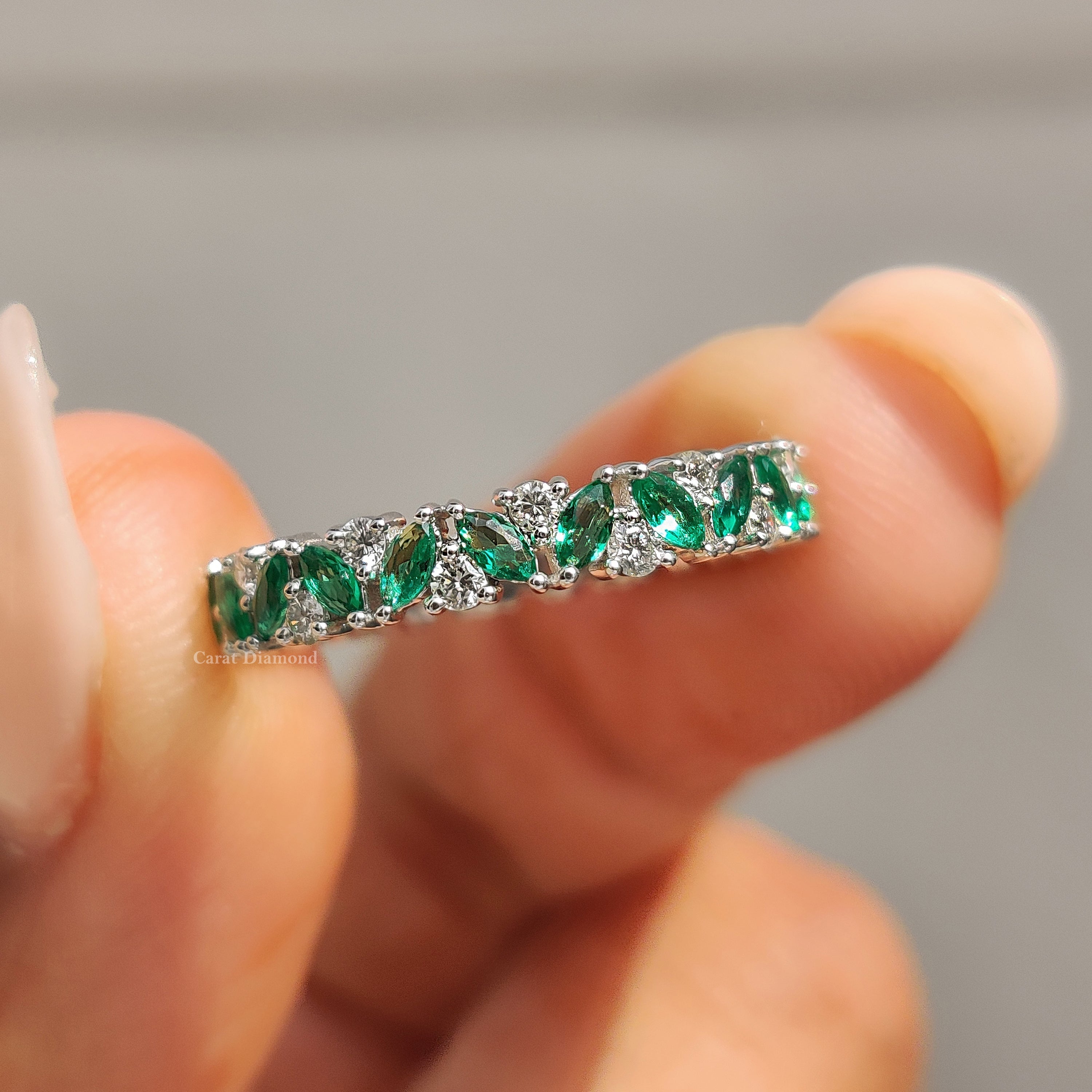 Marquise Cut Green Emerald Zig Zag Wedding Band