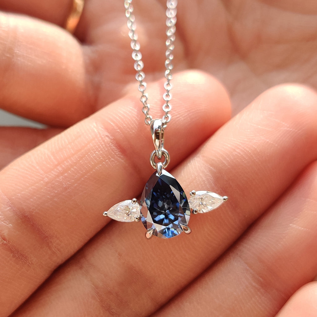 Three Stone Pendant With Royal Dark Blue Pear Moissanite
