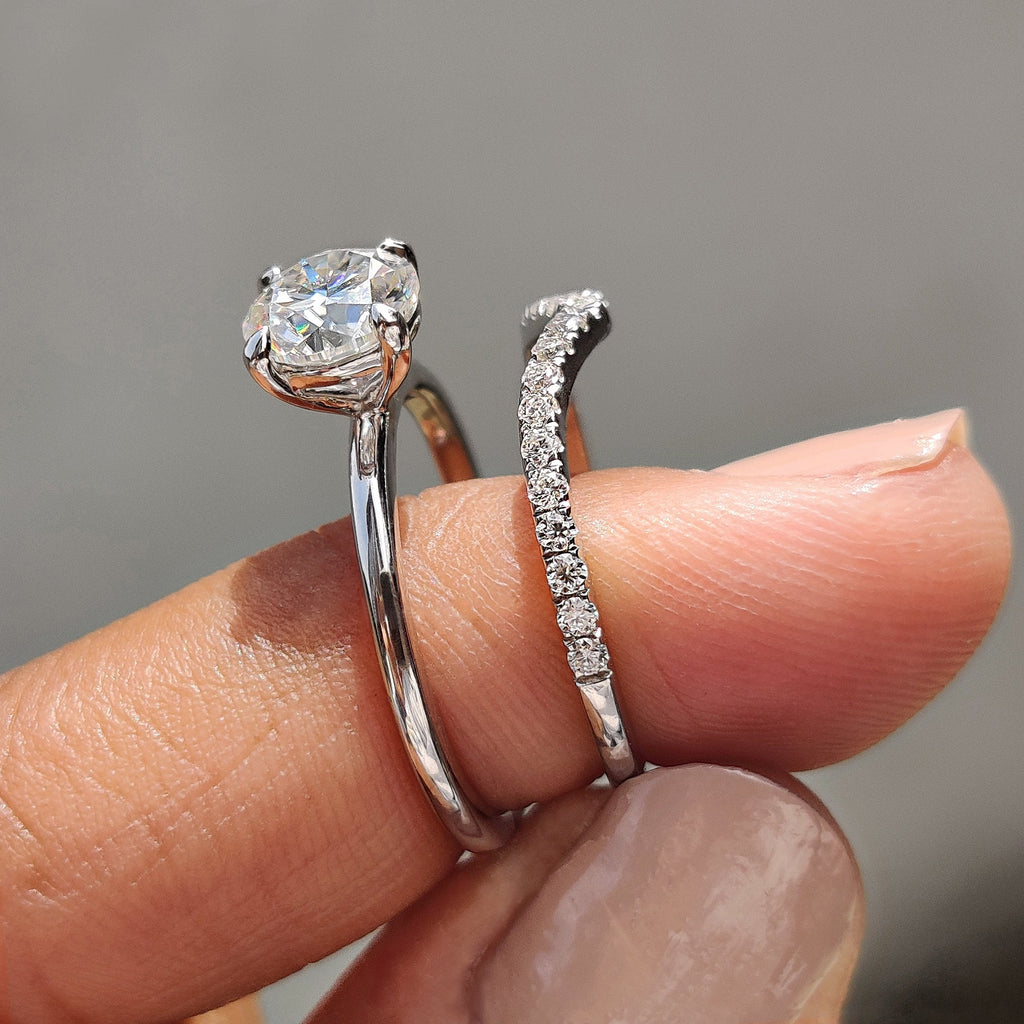 Round Cut Moissanite White Gold Bridal Set With V Shaped Band